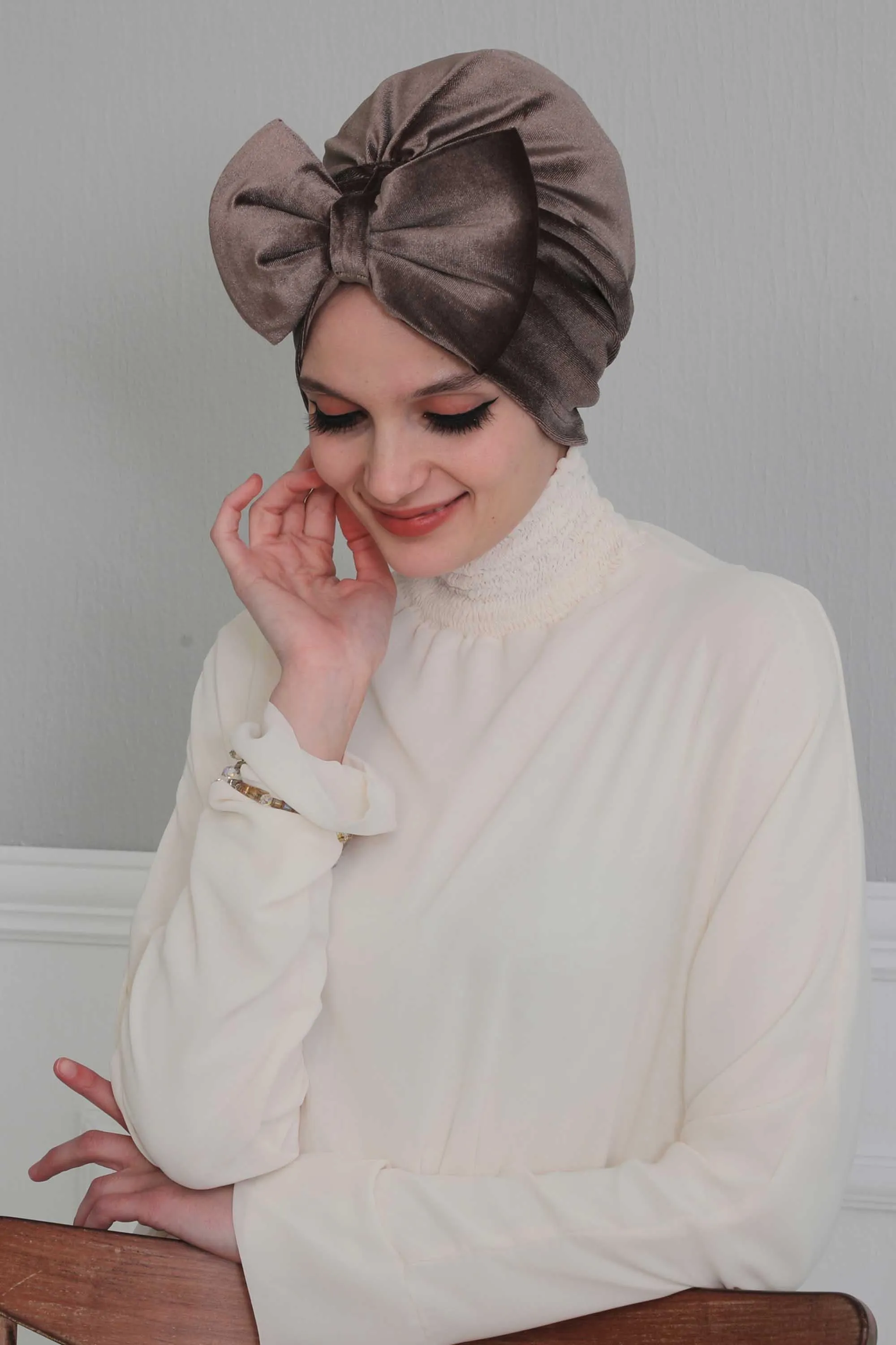 Velvet Bowtie Instant Turban Hijab for Women Lightweight Head Wrap, Luxurious Velour Pre-Tied Instant Turban, Trendy Velvet Chemo Cap,B-11K
