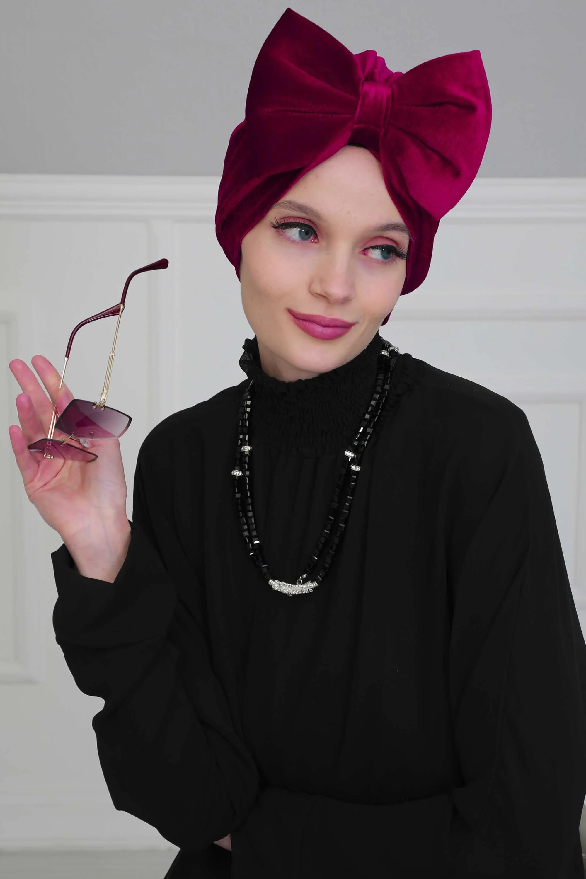 Velvet Bowtie Instant Turban Hijab for Women Lightweight Head Wrap, Luxurious Velour Pre-Tied Instant Turban, Trendy Velvet Chemo Cap,B-11K