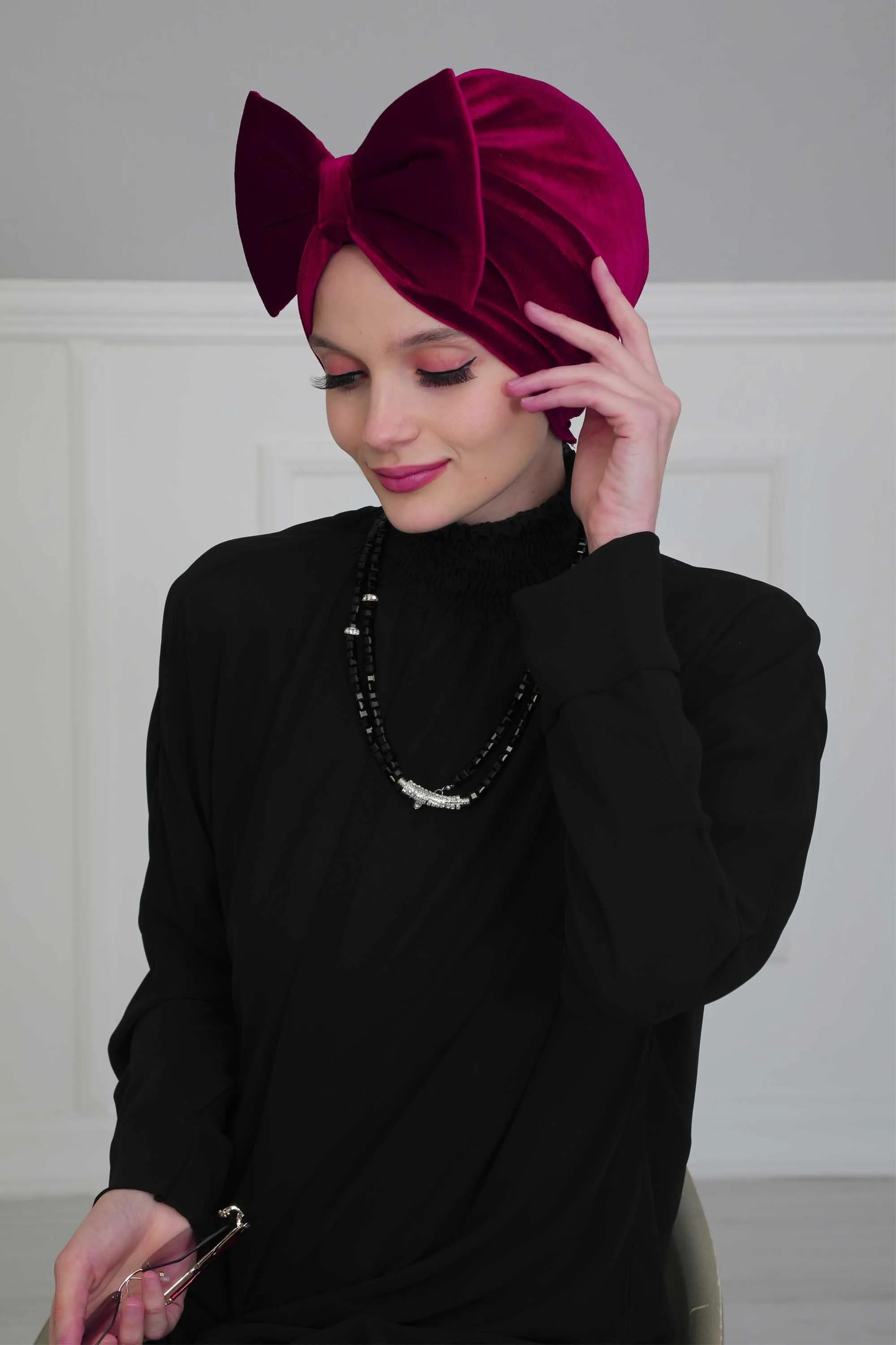 Velvet Bowtie Instant Turban Hijab for Women Lightweight Head Wrap, Luxurious Velour Pre-Tied Instant Turban, Trendy Velvet Chemo Cap,B-11K