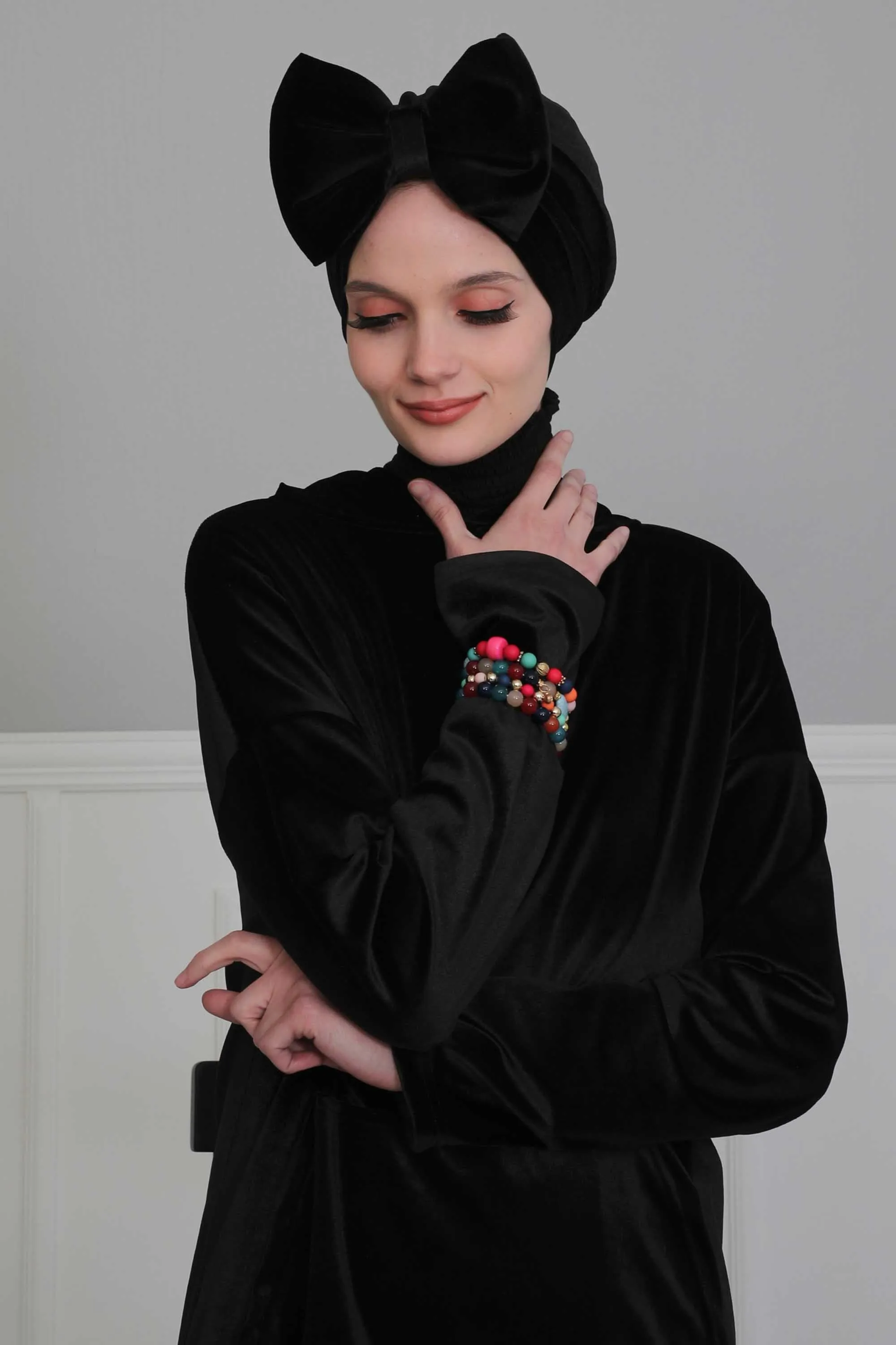 Velvet Bowtie Instant Turban Hijab for Women Lightweight Head Wrap, Luxurious Velour Pre-Tied Instant Turban, Trendy Velvet Chemo Cap,B-11K