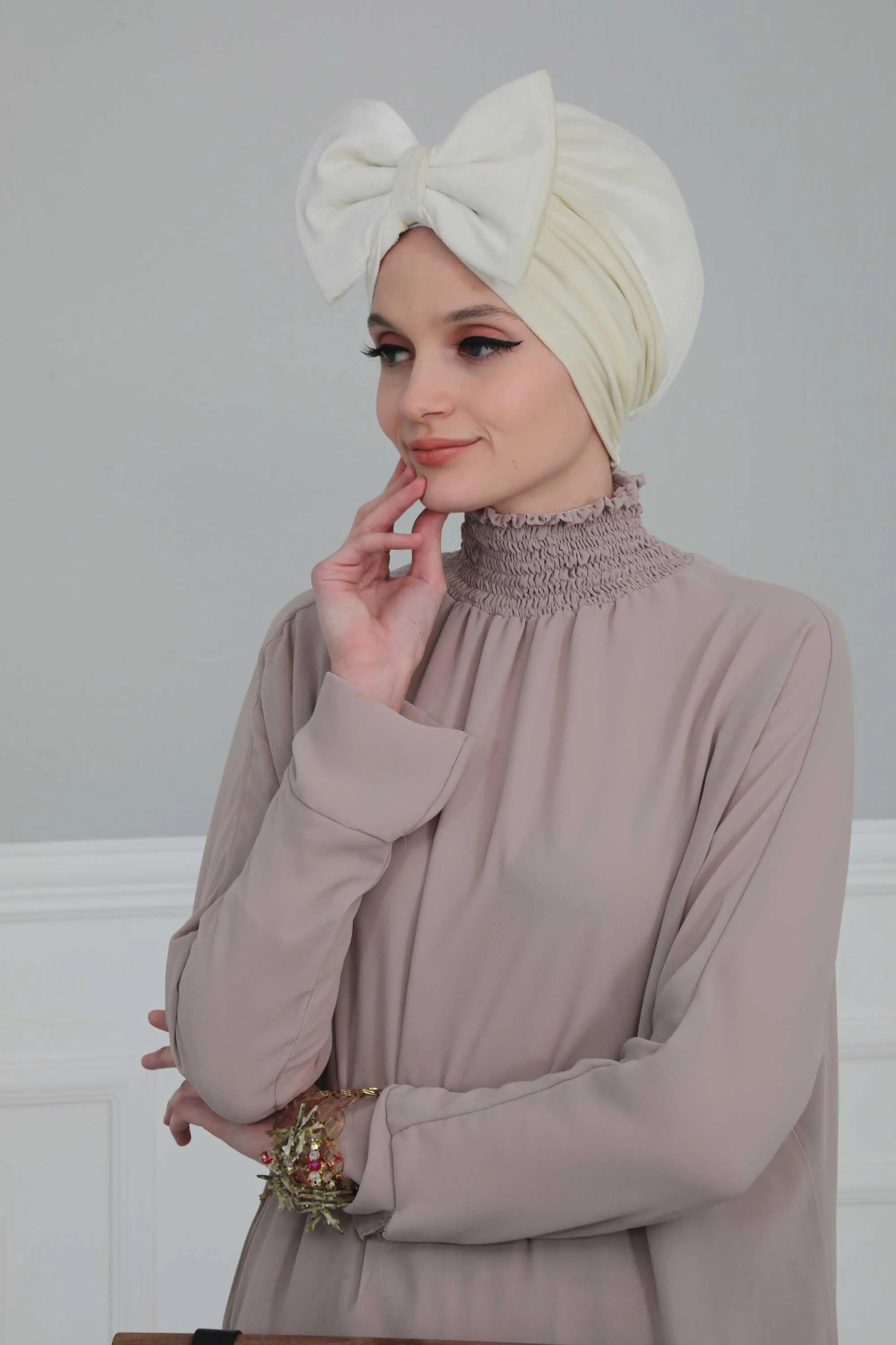 Velvet Bowtie Instant Turban Hijab for Women Lightweight Head Wrap, Luxurious Velour Pre-Tied Instant Turban, Trendy Velvet Chemo Cap,B-11K