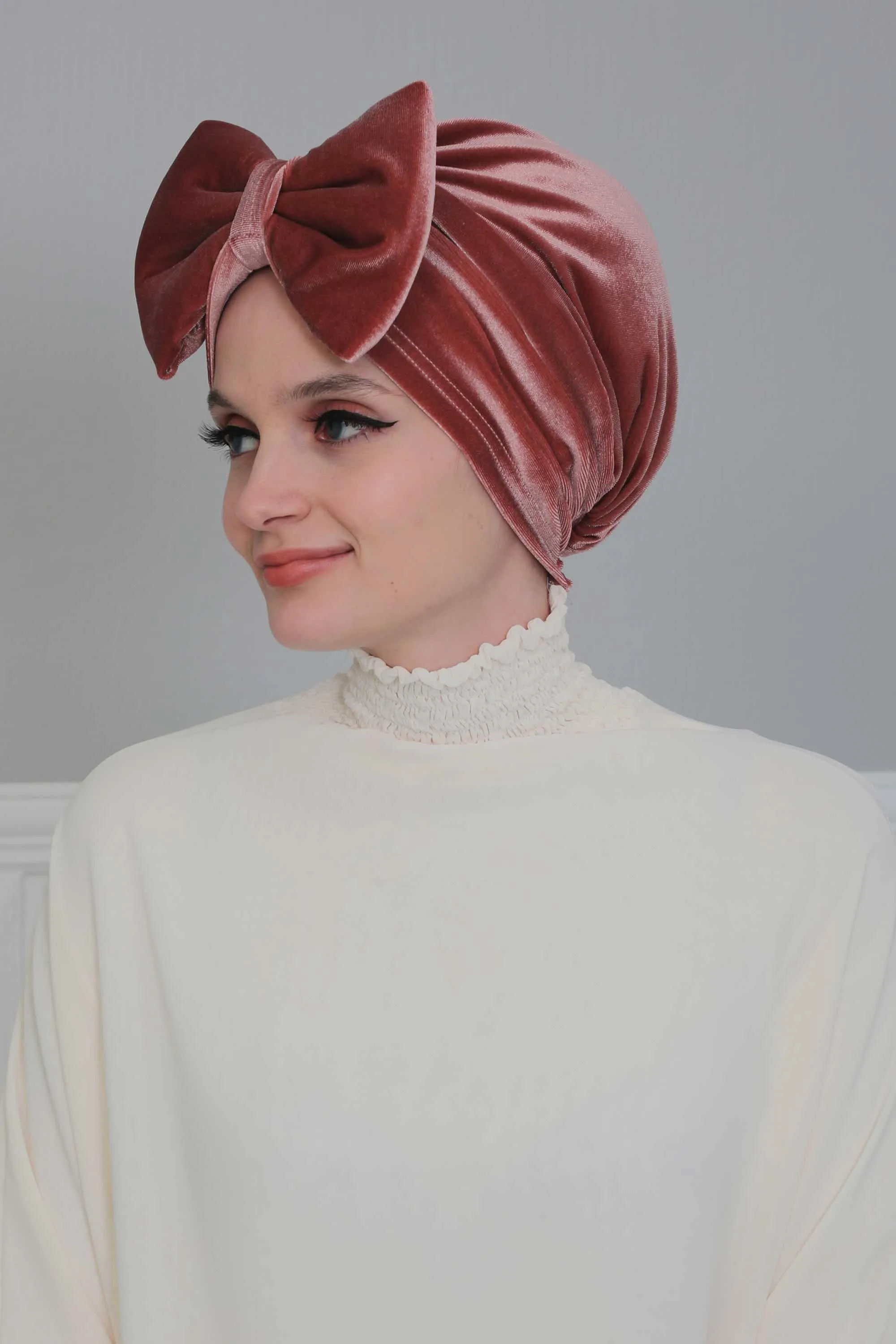 Velvet Bowtie Instant Turban Hijab for Women Lightweight Head Wrap, Luxurious Velour Pre-Tied Instant Turban, Trendy Velvet Chemo Cap,B-11K