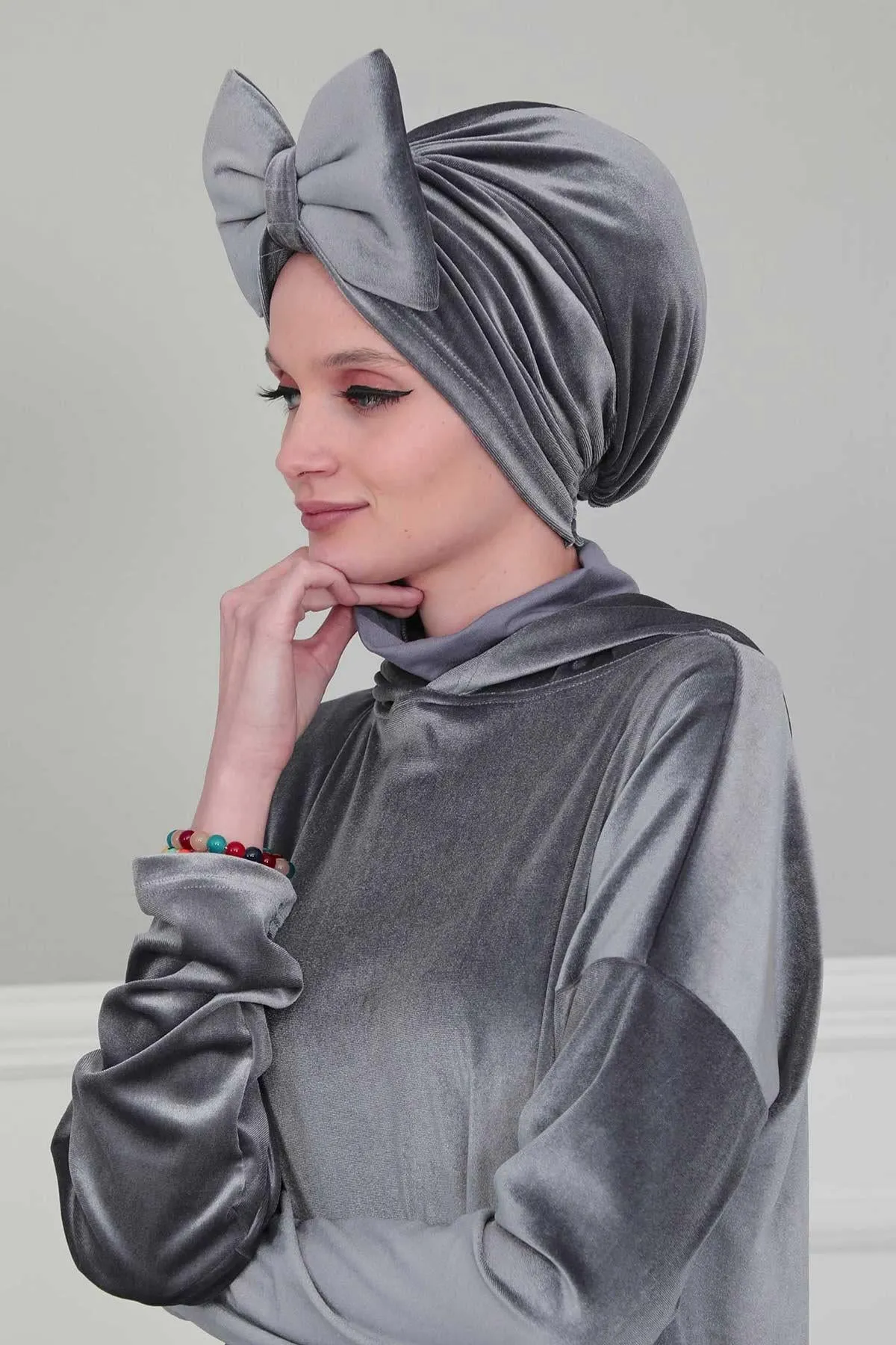 Velvet Bowtie Instant Turban Hijab for Women Lightweight Head Wrap, Luxurious Velour Pre-Tied Instant Turban, Trendy Velvet Chemo Cap,B-11K