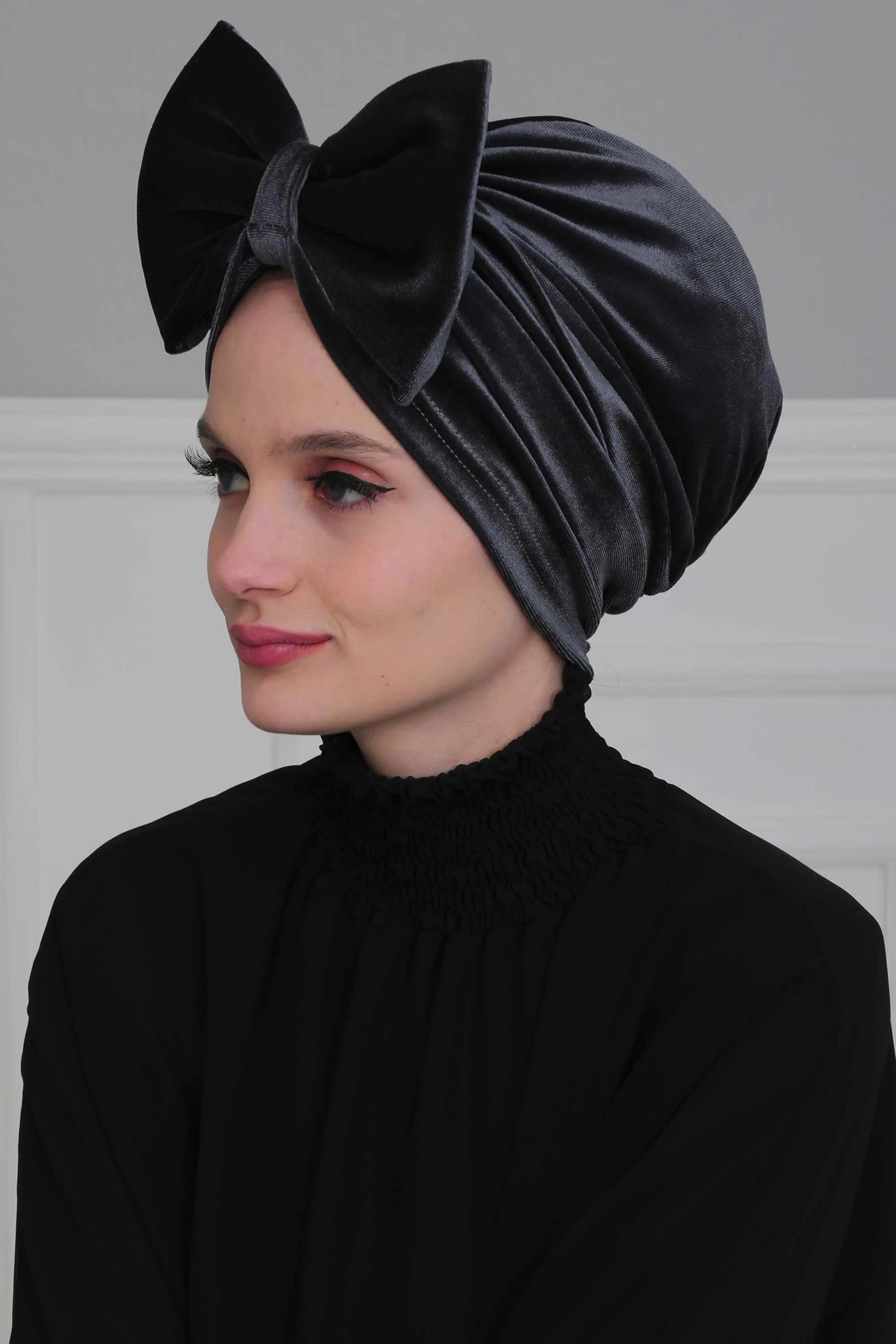 Velvet Bowtie Instant Turban Hijab for Women Lightweight Head Wrap, Luxurious Velour Pre-Tied Instant Turban, Trendy Velvet Chemo Cap,B-11K