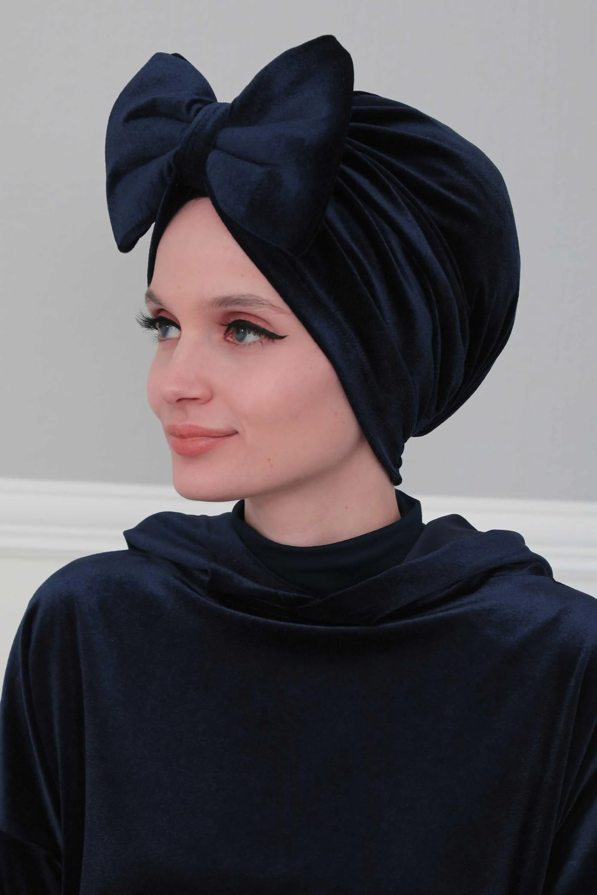 Velvet Bowtie Instant Turban Hijab for Women Lightweight Head Wrap, Luxurious Velour Pre-Tied Instant Turban, Trendy Velvet Chemo Cap,B-11K