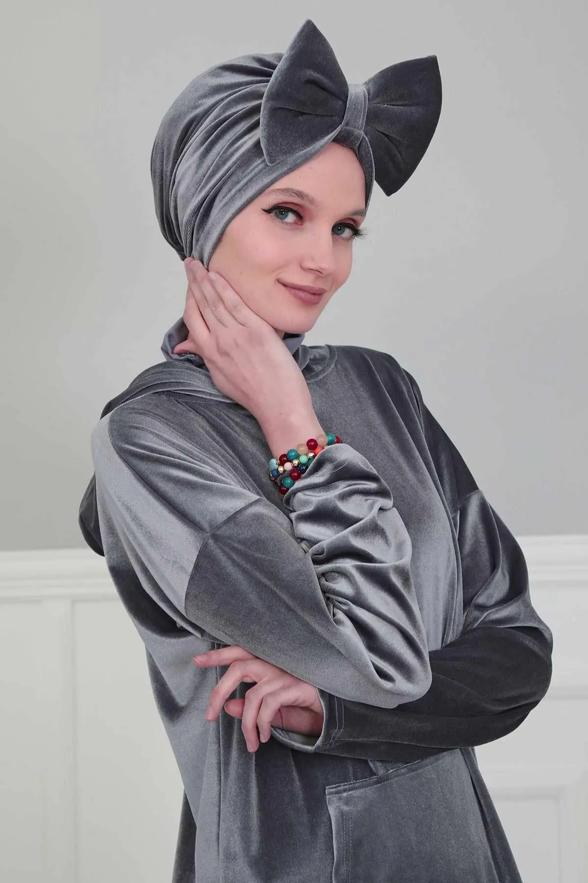 Velvet Bowtie Instant Turban Hijab for Women Lightweight Head Wrap, Luxurious Velour Pre-Tied Instant Turban, Trendy Velvet Chemo Cap,B-11K