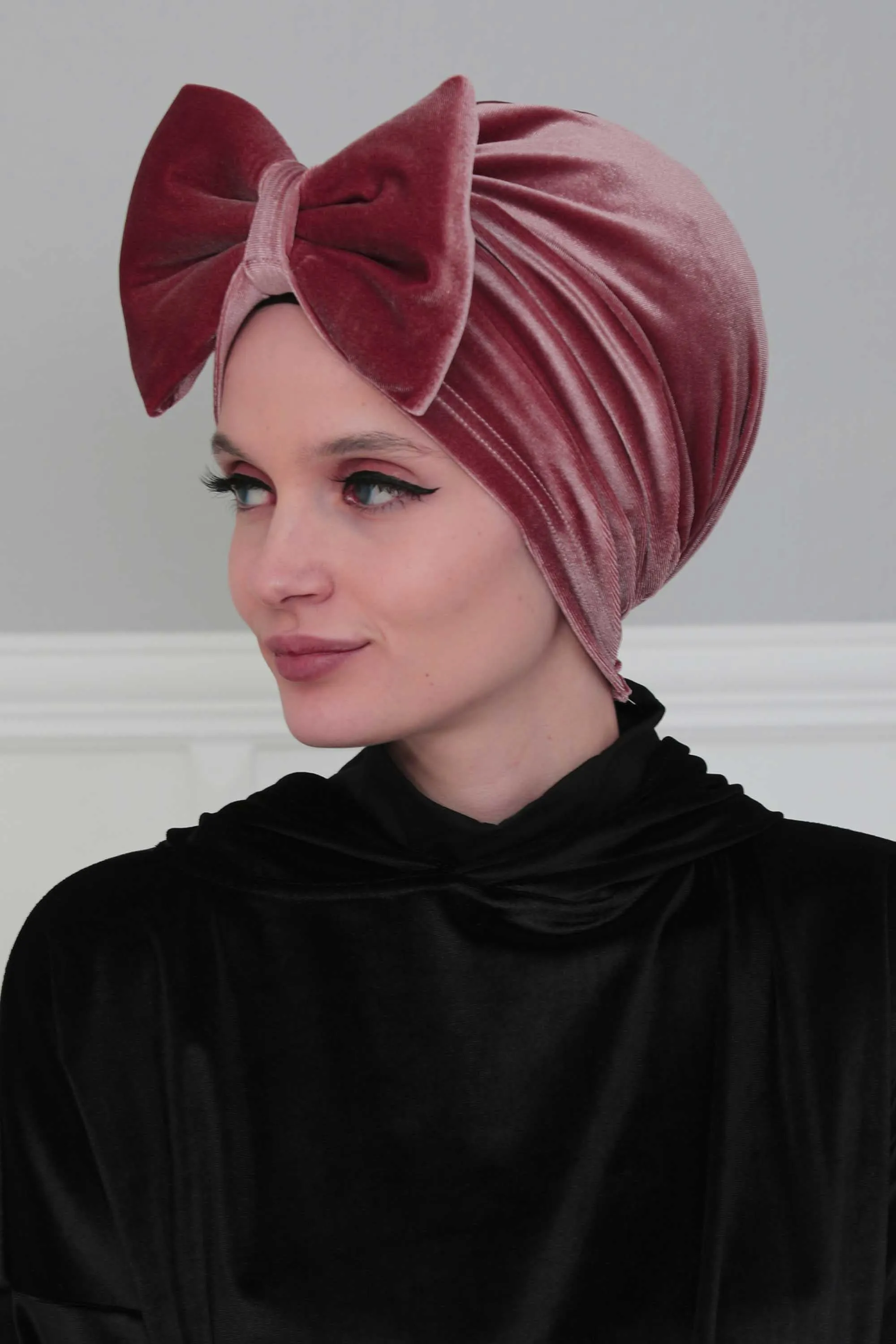 Velvet Bowtie Instant Turban Hijab for Women Lightweight Head Wrap, Luxurious Velour Pre-Tied Instant Turban, Trendy Velvet Chemo Cap,B-11K