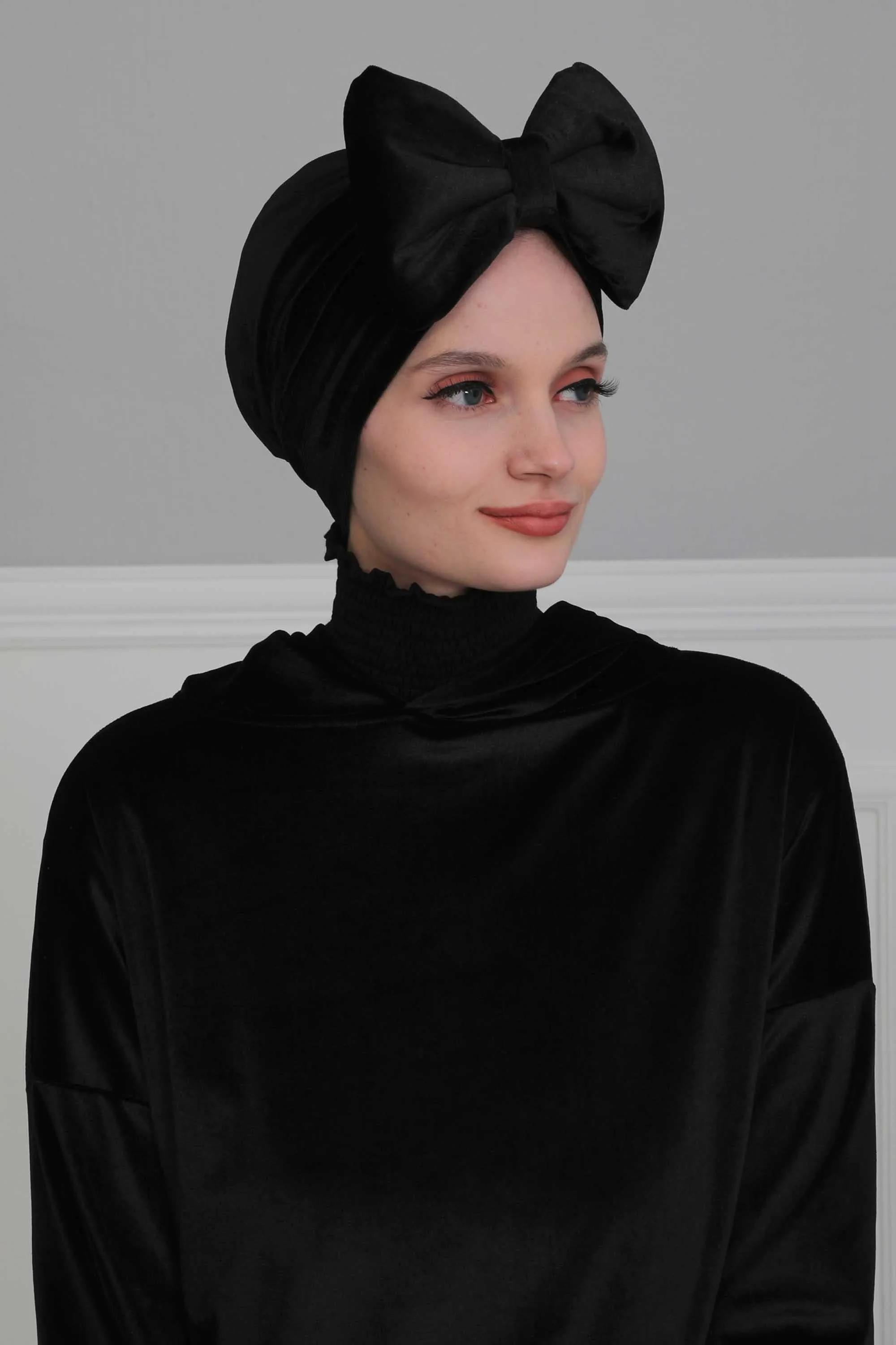 Velvet Bowtie Instant Turban Hijab for Women Lightweight Head Wrap, Luxurious Velour Pre-Tied Instant Turban, Trendy Velvet Chemo Cap,B-11K