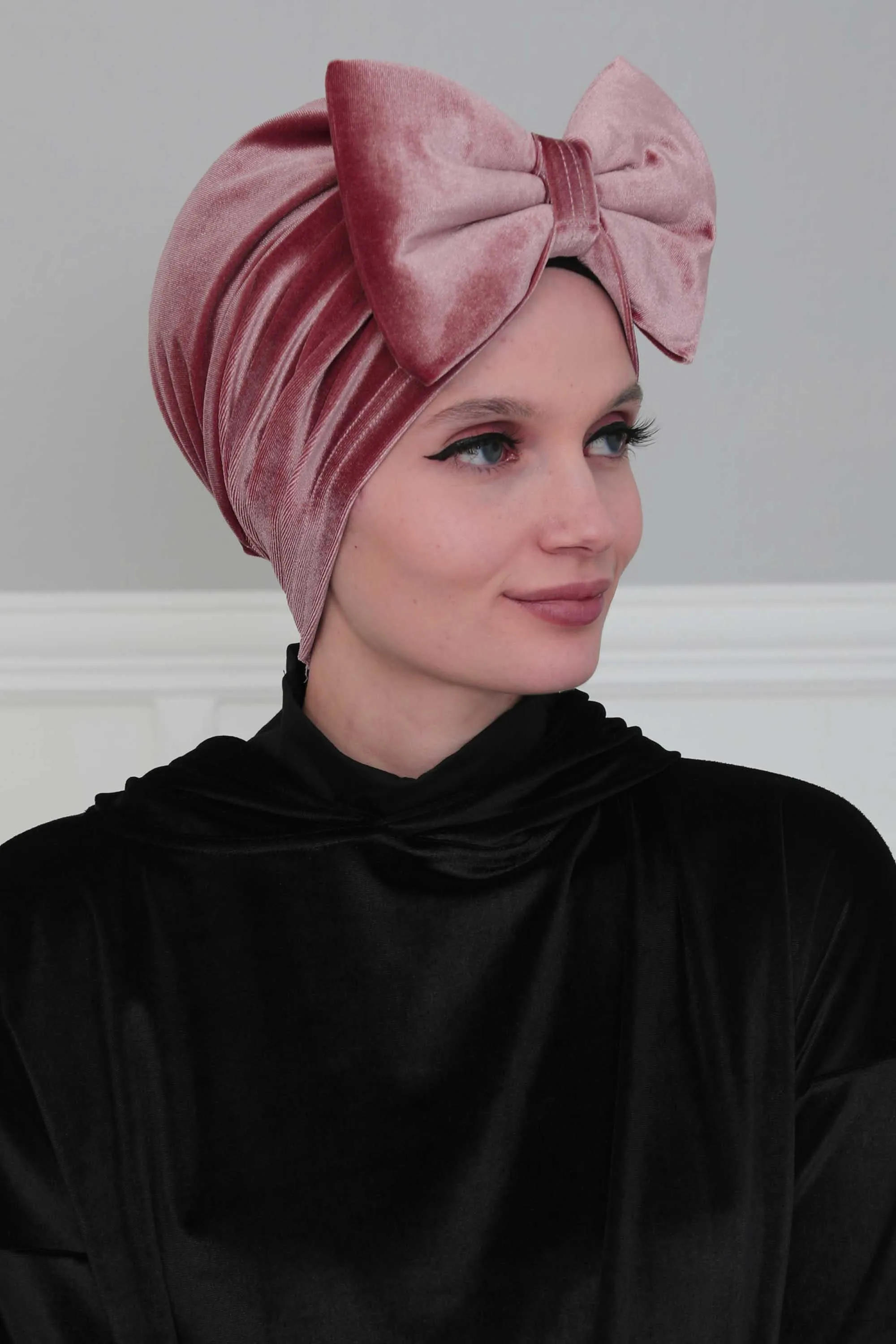 Velvet Bowtie Instant Turban Hijab for Women Lightweight Head Wrap, Luxurious Velour Pre-Tied Instant Turban, Trendy Velvet Chemo Cap,B-11K