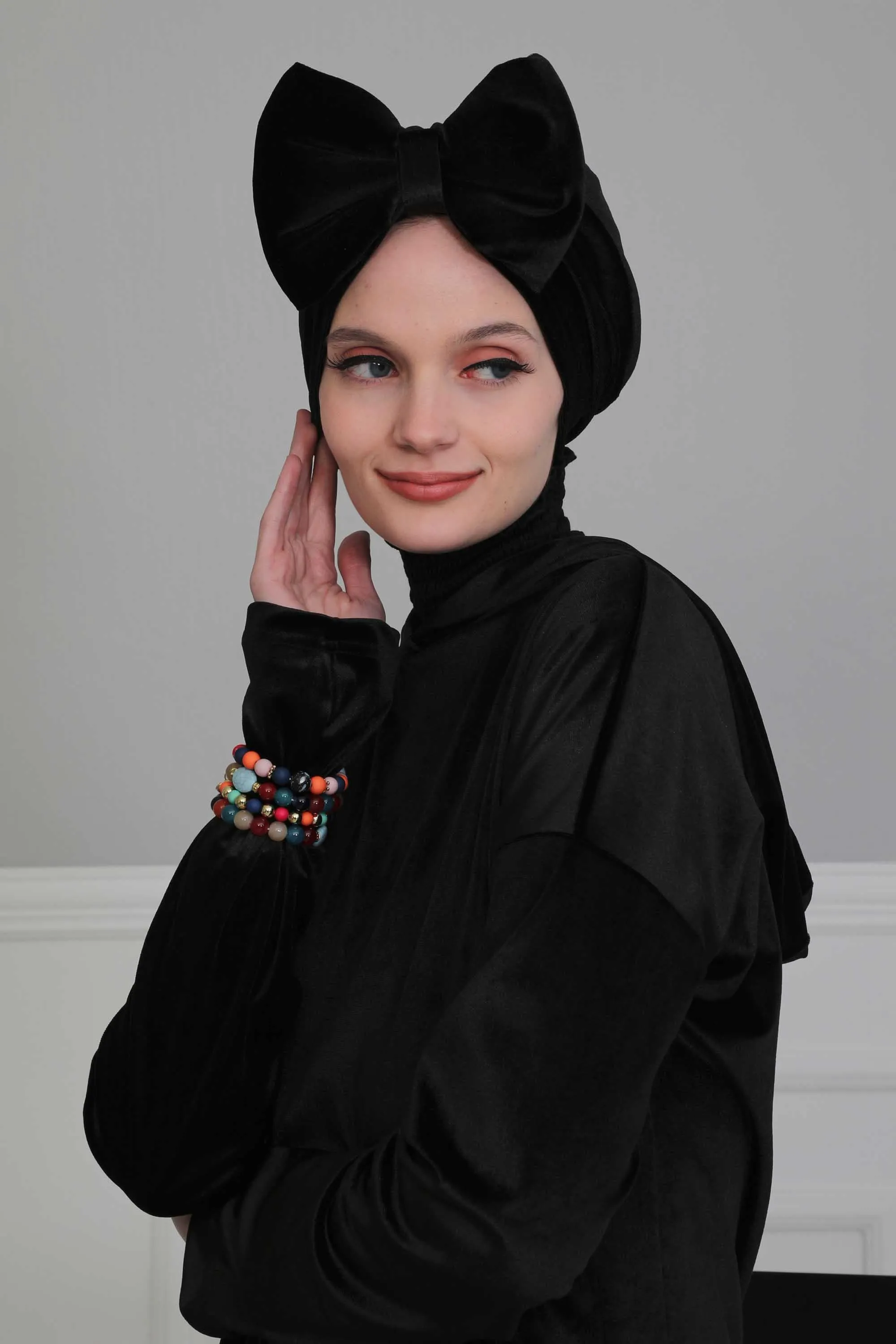 Velvet Bowtie Instant Turban Hijab for Women Lightweight Head Wrap, Luxurious Velour Pre-Tied Instant Turban, Trendy Velvet Chemo Cap,B-11K