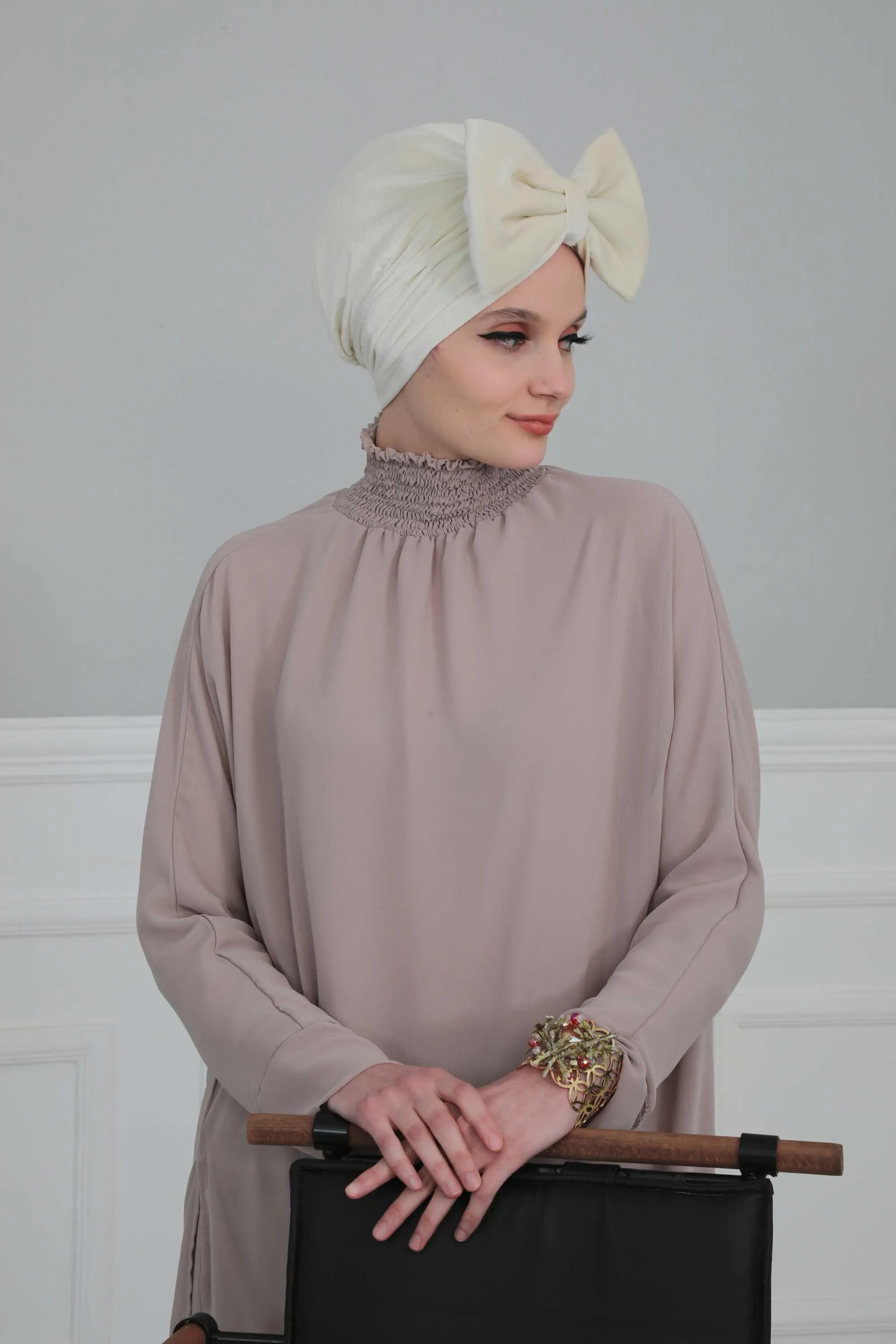 Velvet Bowtie Instant Turban Hijab for Women Lightweight Head Wrap, Luxurious Velour Pre-Tied Instant Turban, Trendy Velvet Chemo Cap,B-11K