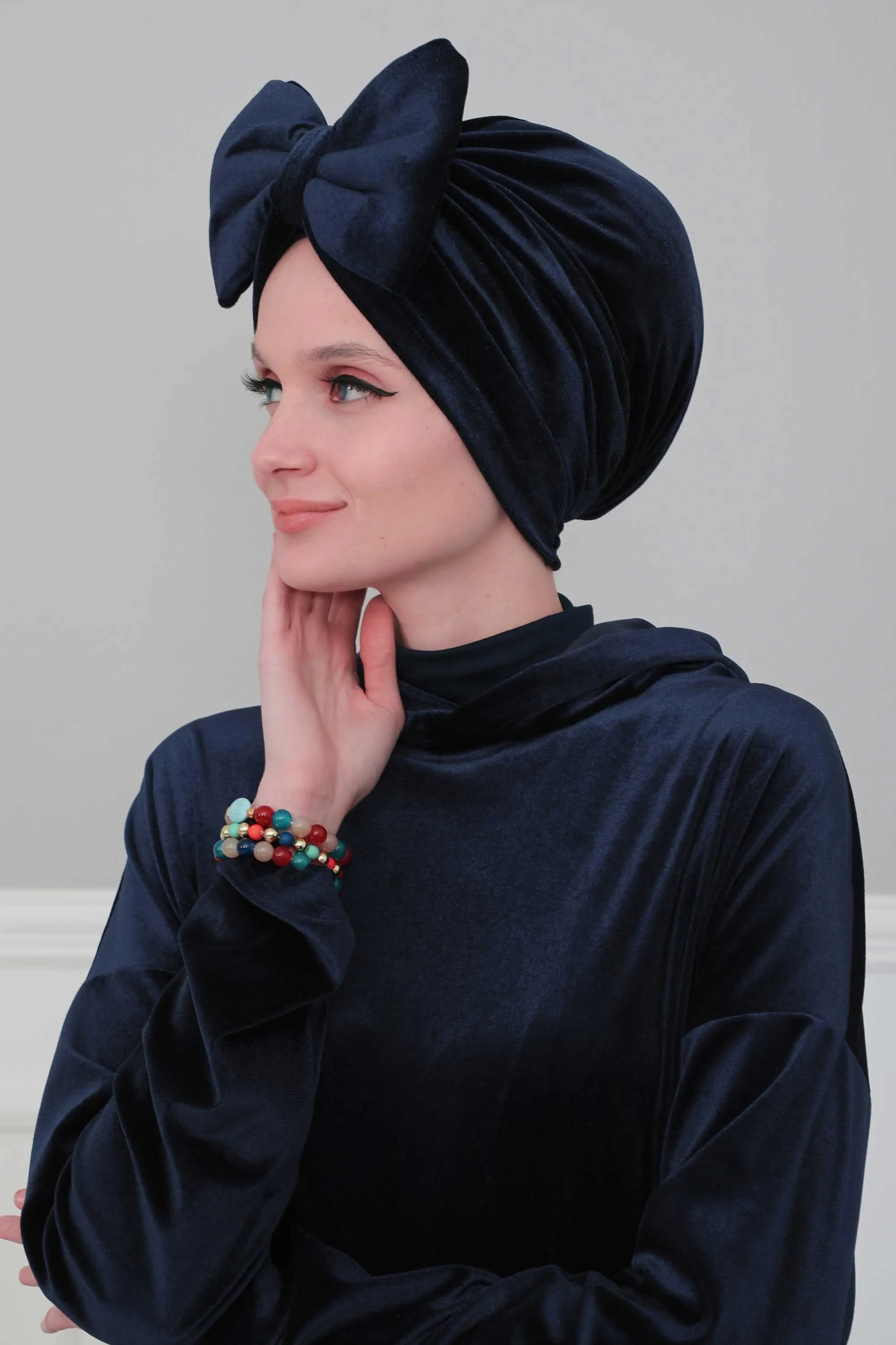 Velvet Bowtie Instant Turban Hijab for Women Lightweight Head Wrap, Luxurious Velour Pre-Tied Instant Turban, Trendy Velvet Chemo Cap,B-11K