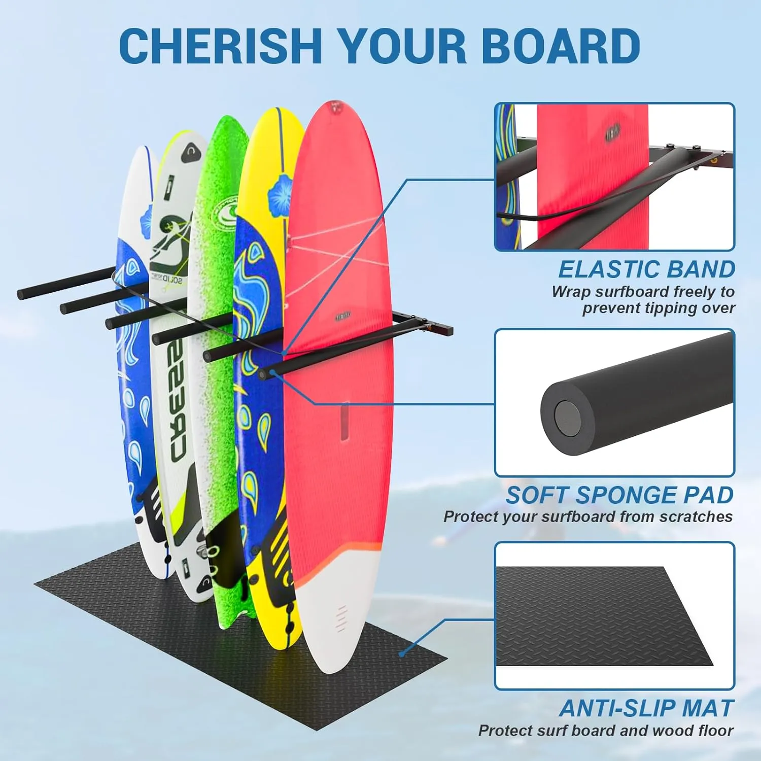 Vertical Surfboard Rack for Wall, Surfboard Wall Mount with Bungee Cord and Rubber Mat, 4/6 Arms Metal Garage Surfboard Stand Wall Decor for Surf Board, SUP Paddle Board, Wakeboard, Snowboard