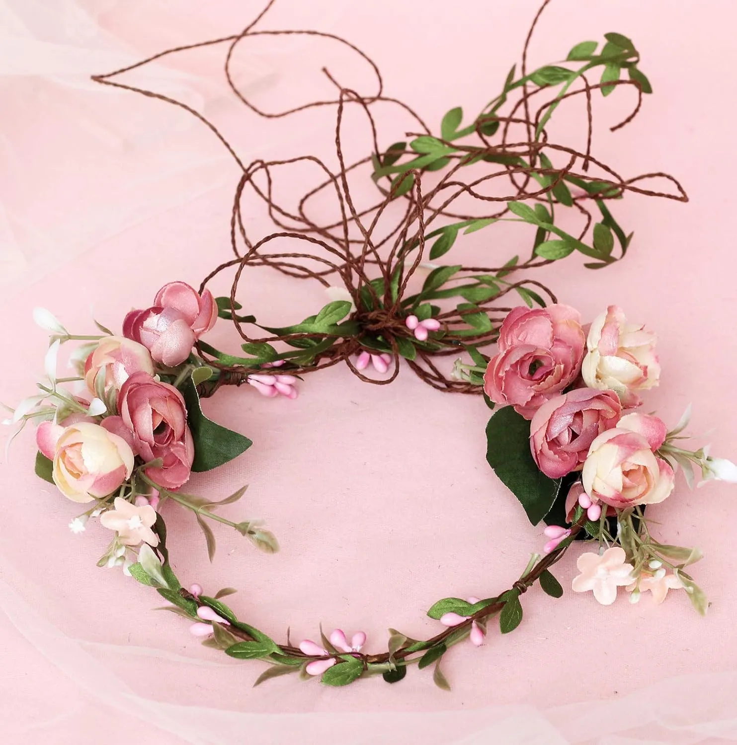 Vine Flower Crown Boho Flower Headband Hair Wreath Floral Halo Headpiece with Ribbon Wedding Party Photos Pink