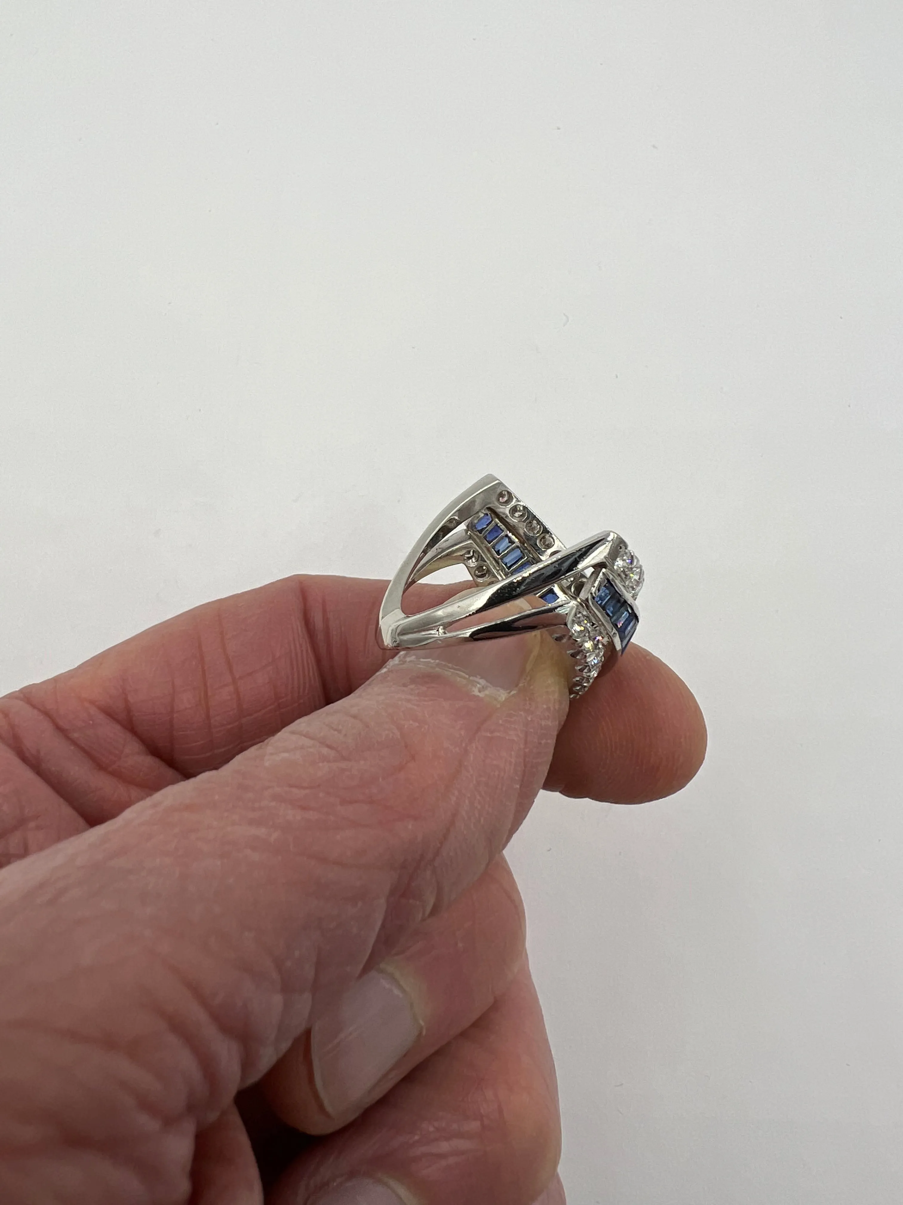 Vintage Chevron Sapphire Diamond Platinum Band Ring