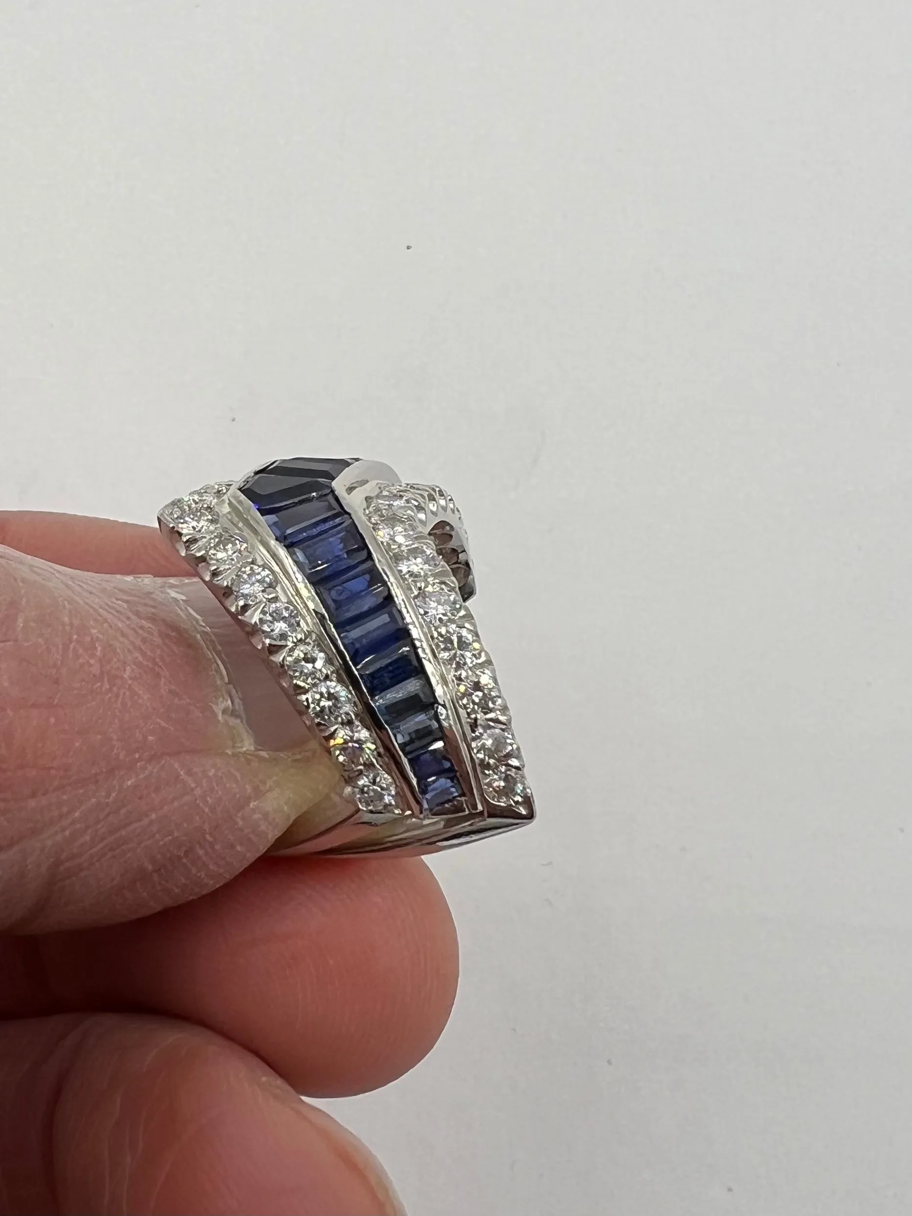 Vintage Chevron Sapphire Diamond Platinum Band Ring