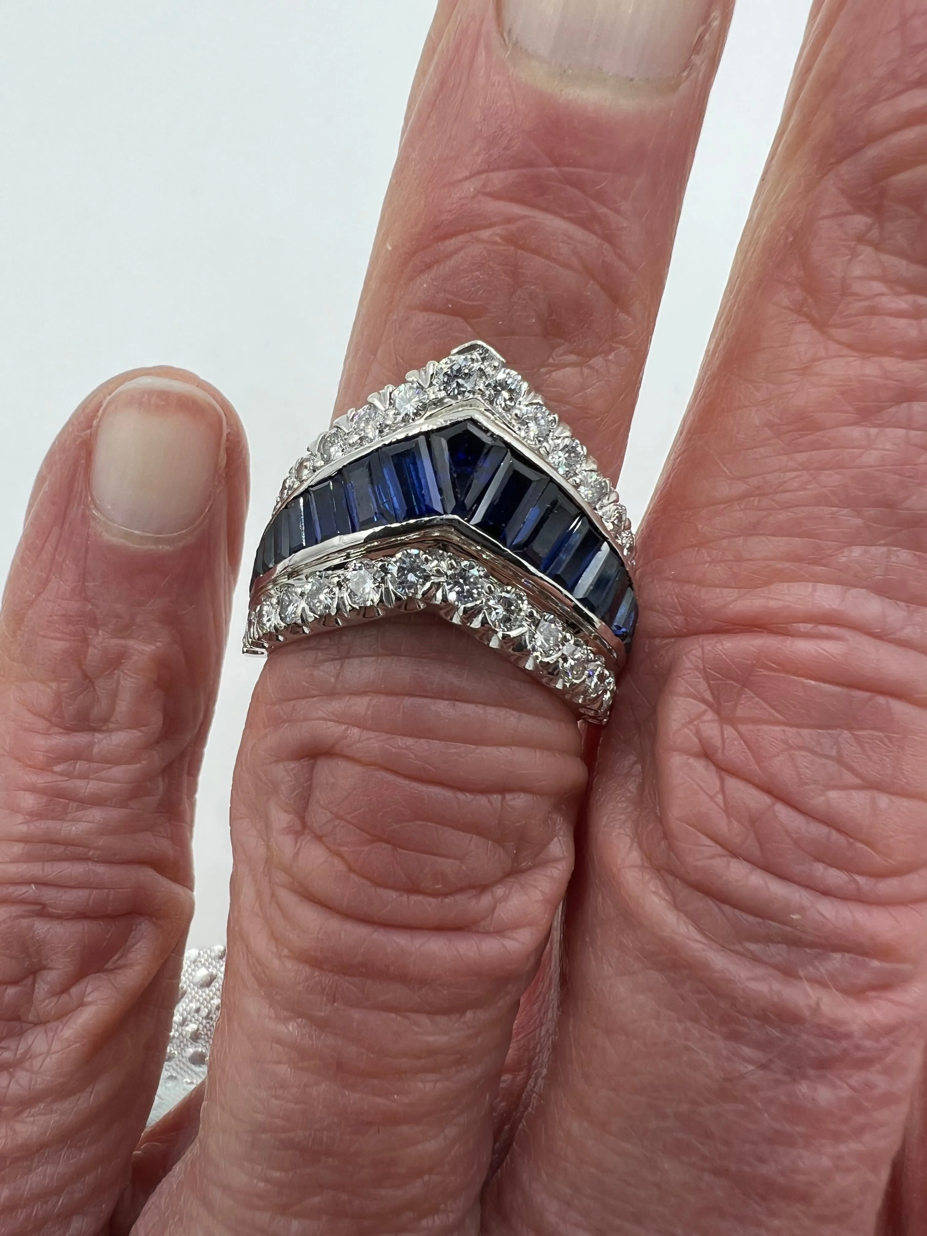 Vintage Chevron Sapphire Diamond Platinum Band Ring