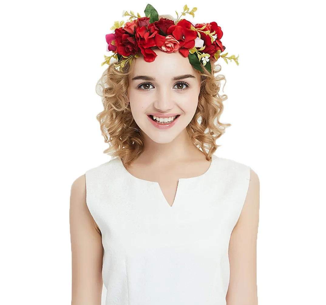 Vivivalue Rose Flower Crown Boho Flower Headband Hair Wreath Floral Headpiece Halo with Ribbon Wedding Party Festival Photos Red