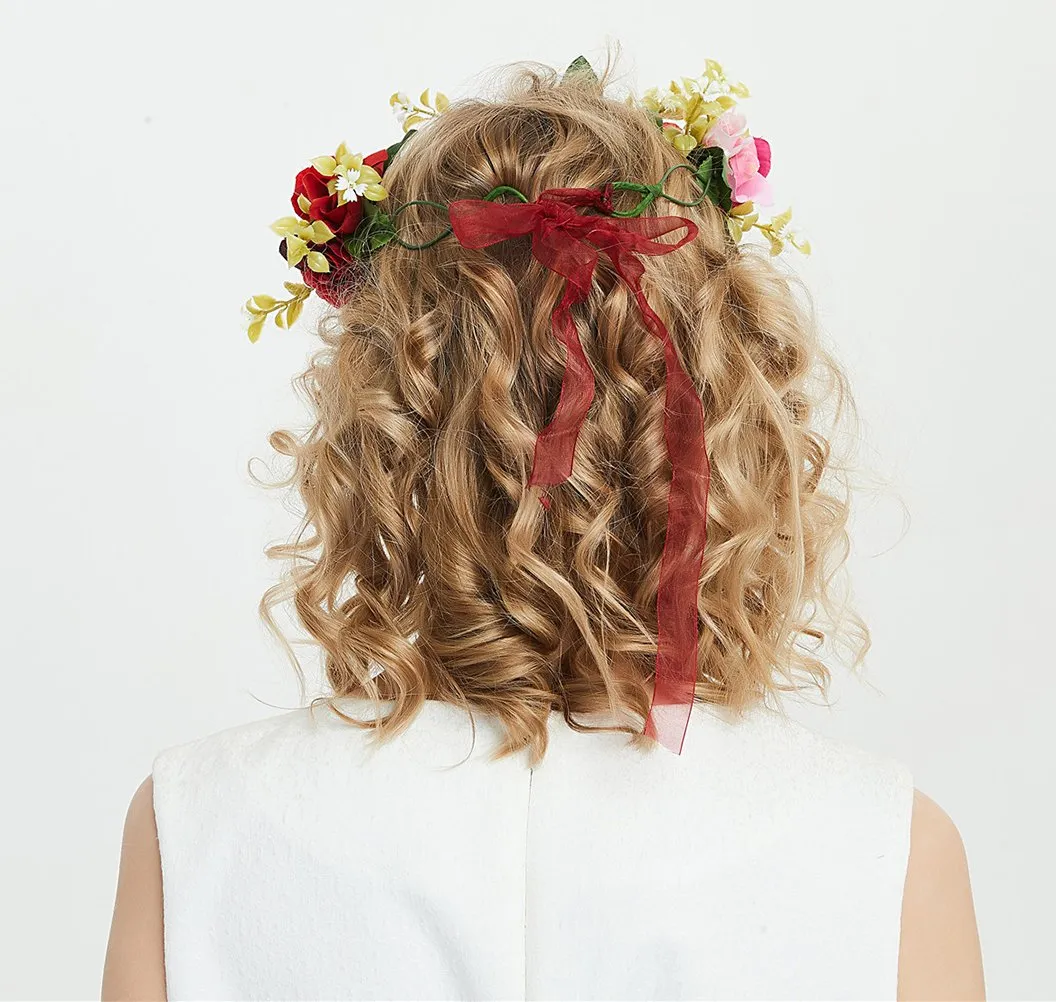 Vivivalue Rose Flower Crown Boho Flower Headband Hair Wreath Floral Headpiece Halo with Ribbon Wedding Party Festival Photos Red