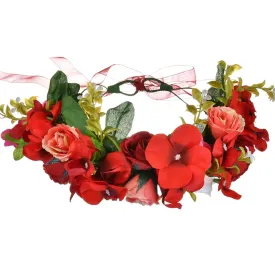 Vivivalue Rose Flower Crown Boho Flower Headband Hair Wreath Floral Headpiece Halo with Ribbon Wedding Party Festival Photos Red