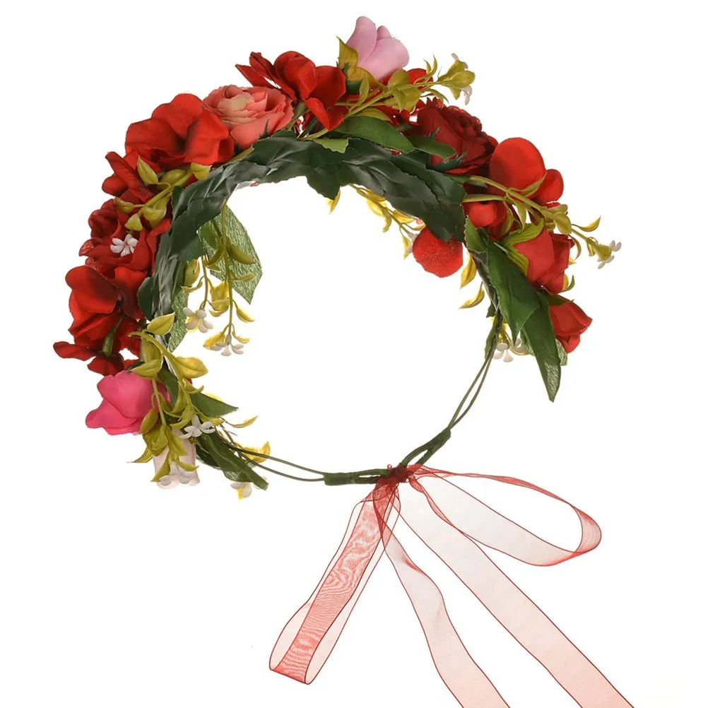 Vivivalue Rose Flower Crown Boho Flower Headband Hair Wreath Floral Headpiece Halo with Ribbon Wedding Party Festival Photos Red