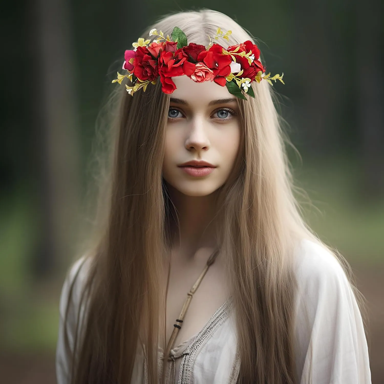 Vivivalue Rose Flower Crown Boho Flower Headband Hair Wreath Floral Headpiece Halo with Ribbon Wedding Party Festival Photos Red