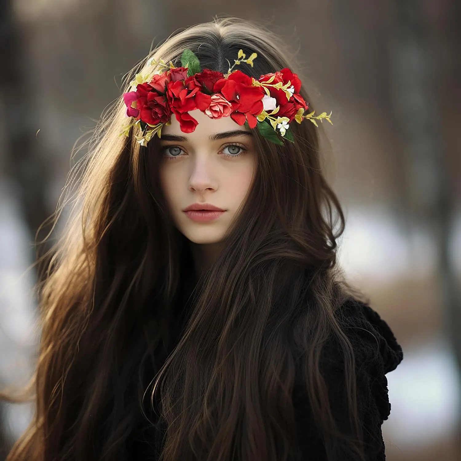 Vivivalue Rose Flower Crown Boho Flower Headband Hair Wreath Floral Headpiece Halo with Ribbon Wedding Party Festival Photos Red