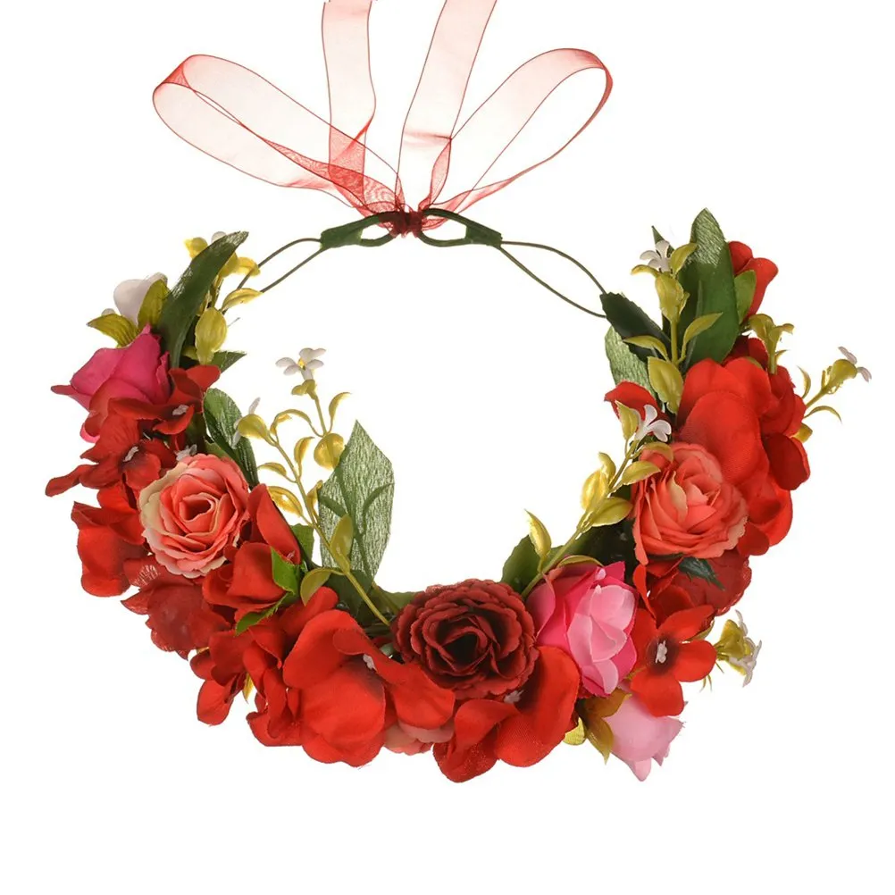 Vivivalue Rose Flower Crown Boho Flower Headband Hair Wreath Floral Headpiece Halo with Ribbon Wedding Party Festival Photos Red