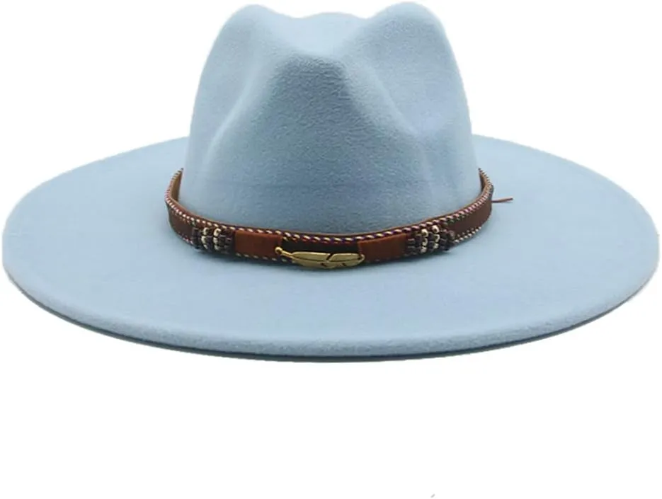 Vsadsau Women Men Fedora Hats Big Brim Winter Autumn Band Belt Hats Wedding Church Big Brim Hat