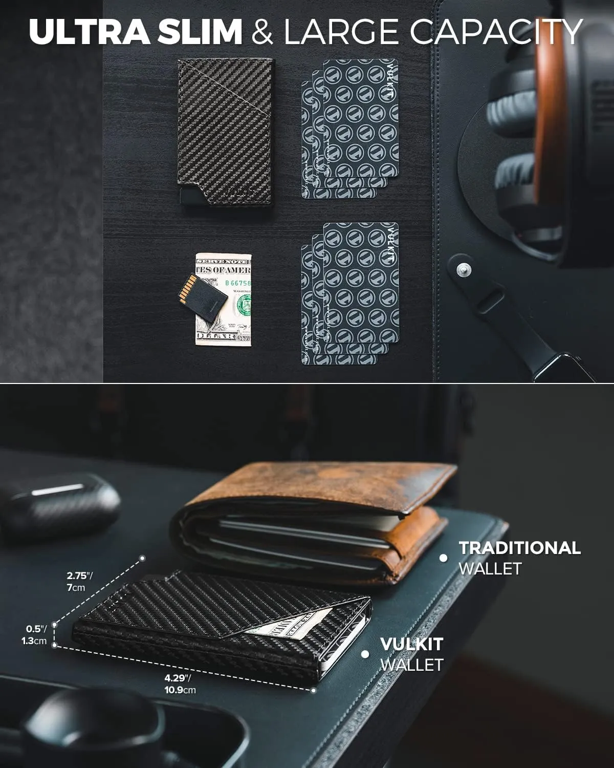 VULKIT Pop up Card Wallet RFID Blocking Slim Aluminum Metal Bank Card Holder Case with Business Money Pocket for Credit Cards Notes and Coins (Carbon Fiber Black)