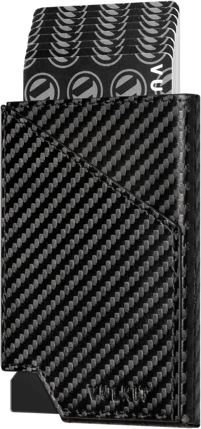 VULKIT Pop up Card Wallet RFID Blocking Slim Aluminum Metal Bank Card Holder Case with Business Money Pocket for Credit Cards Notes and Coins (Carbon Fiber Black)