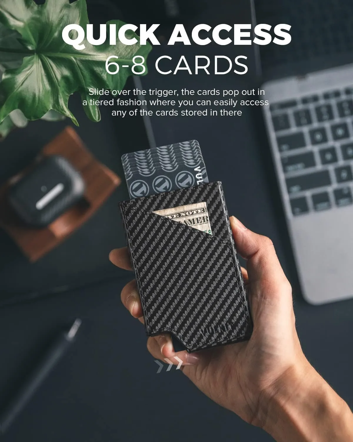 VULKIT Pop up Card Wallet RFID Blocking Slim Aluminum Metal Bank Card Holder Case with Business Money Pocket for Credit Cards Notes and Coins (Carbon Fiber Black)