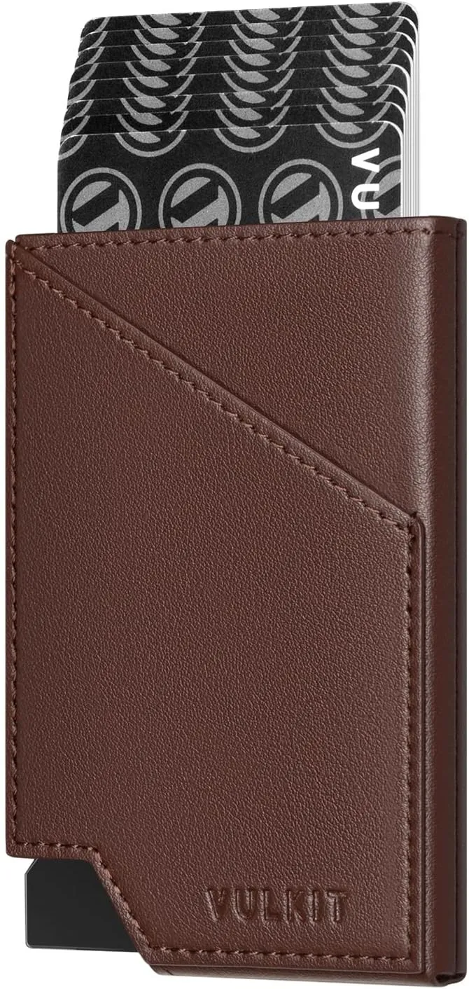 VULKIT Pop up Card Wallet RFID Blocking Slim Aluminum Metal Bank Card Holder Case with Business Money Pocket for Credit Cards Notes and Coins (Espresso)