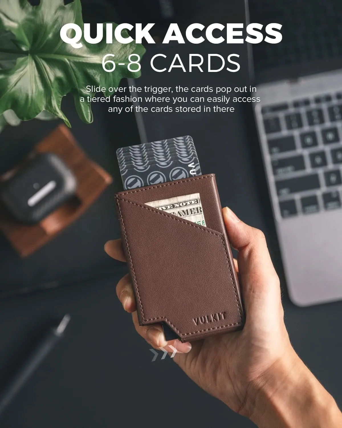 VULKIT Pop up Card Wallet RFID Blocking Slim Aluminum Metal Bank Card Holder Case with Business Money Pocket for Credit Cards Notes and Coins (Espresso)