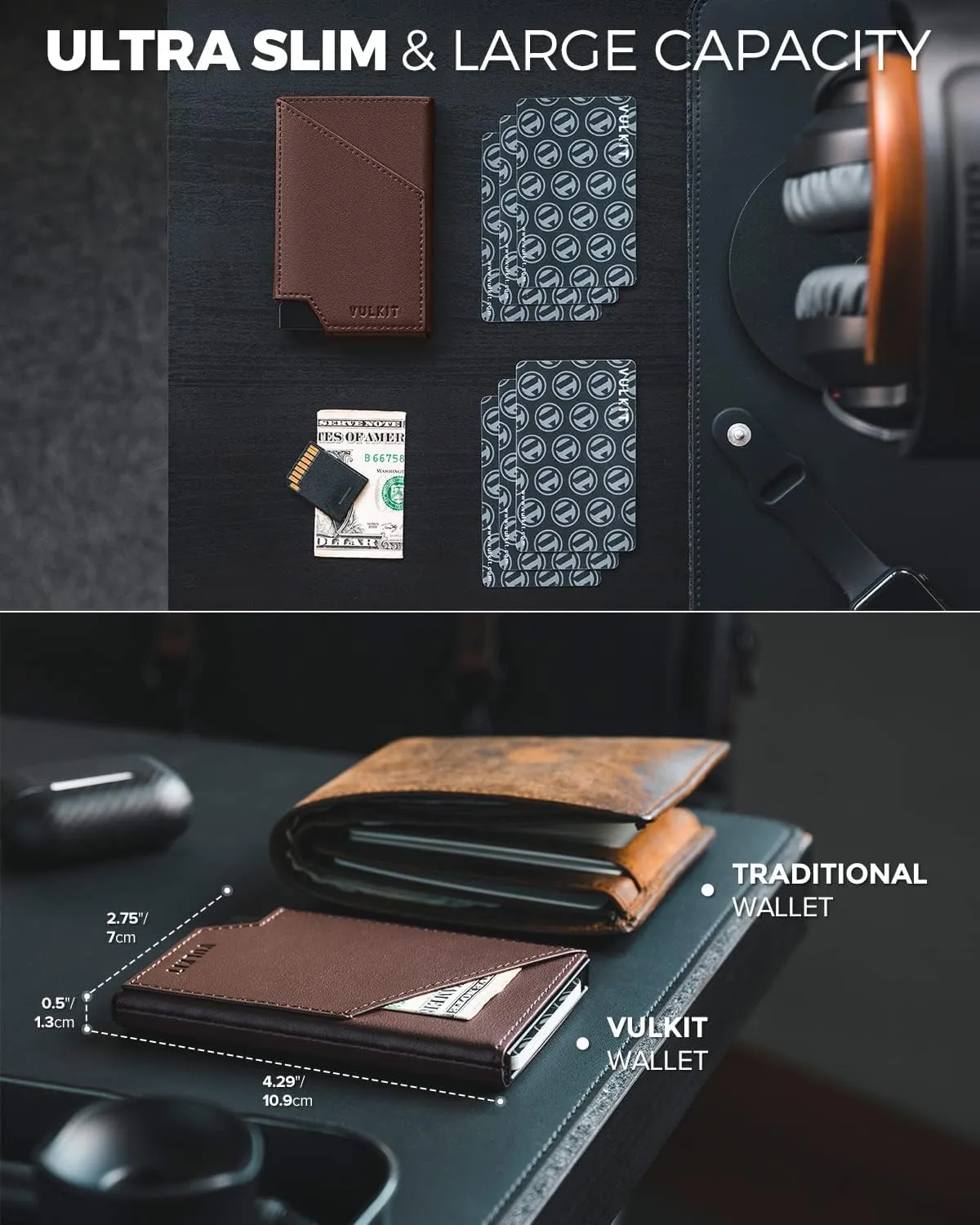 VULKIT Pop up Card Wallet RFID Blocking Slim Aluminum Metal Bank Card Holder Case with Business Money Pocket for Credit Cards Notes and Coins (Espresso)