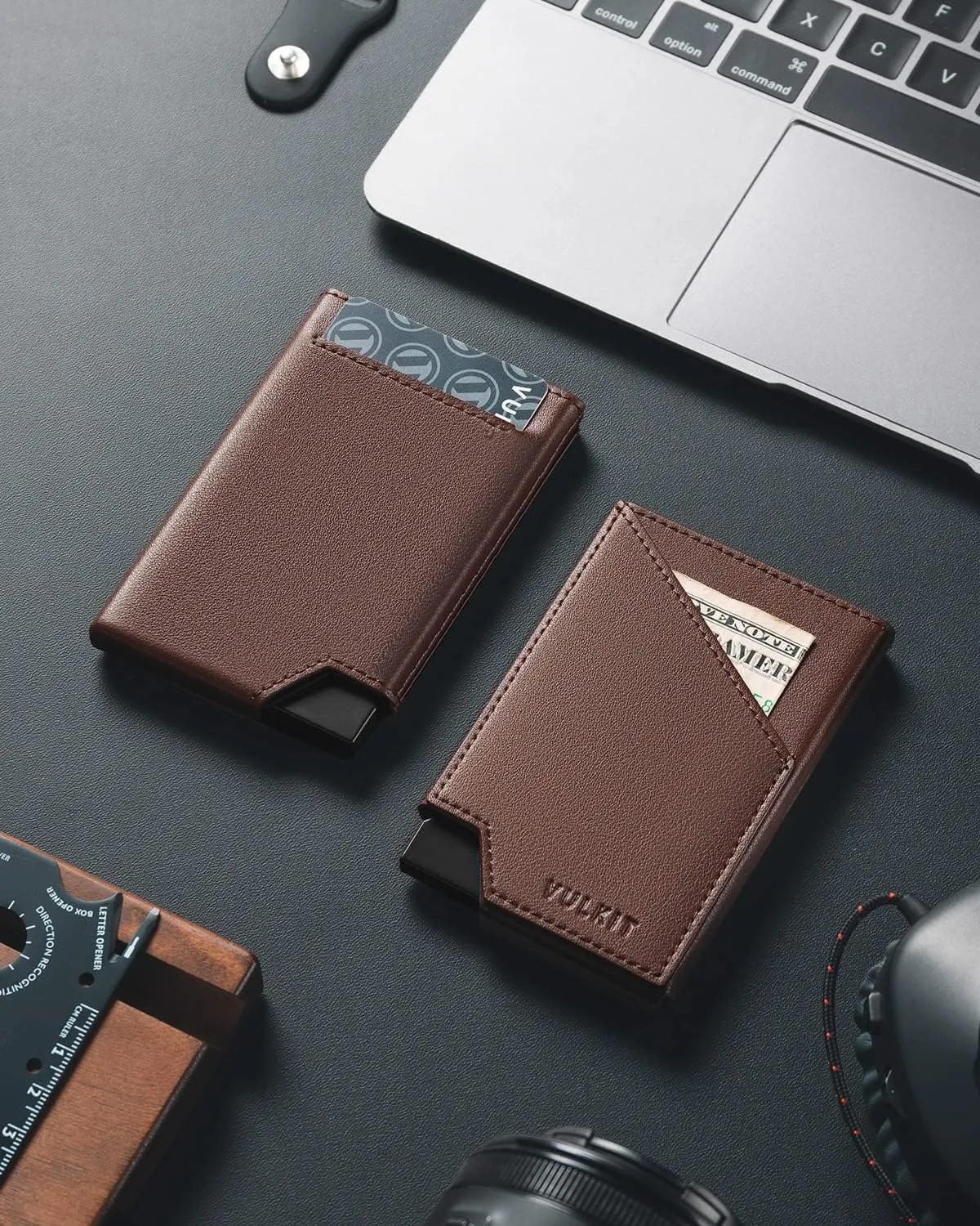 VULKIT Pop up Card Wallet RFID Blocking Slim Aluminum Metal Bank Card Holder Case with Business Money Pocket for Credit Cards Notes and Coins (Espresso)