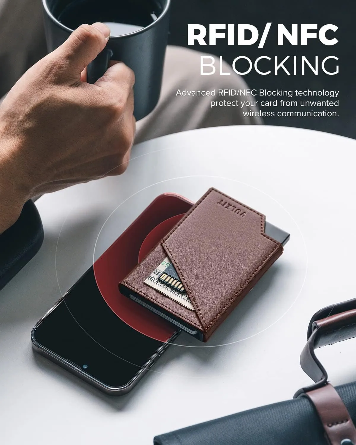 VULKIT Pop up Card Wallet RFID Blocking Slim Aluminum Metal Bank Card Holder Case with Business Money Pocket for Credit Cards Notes and Coins (Espresso)