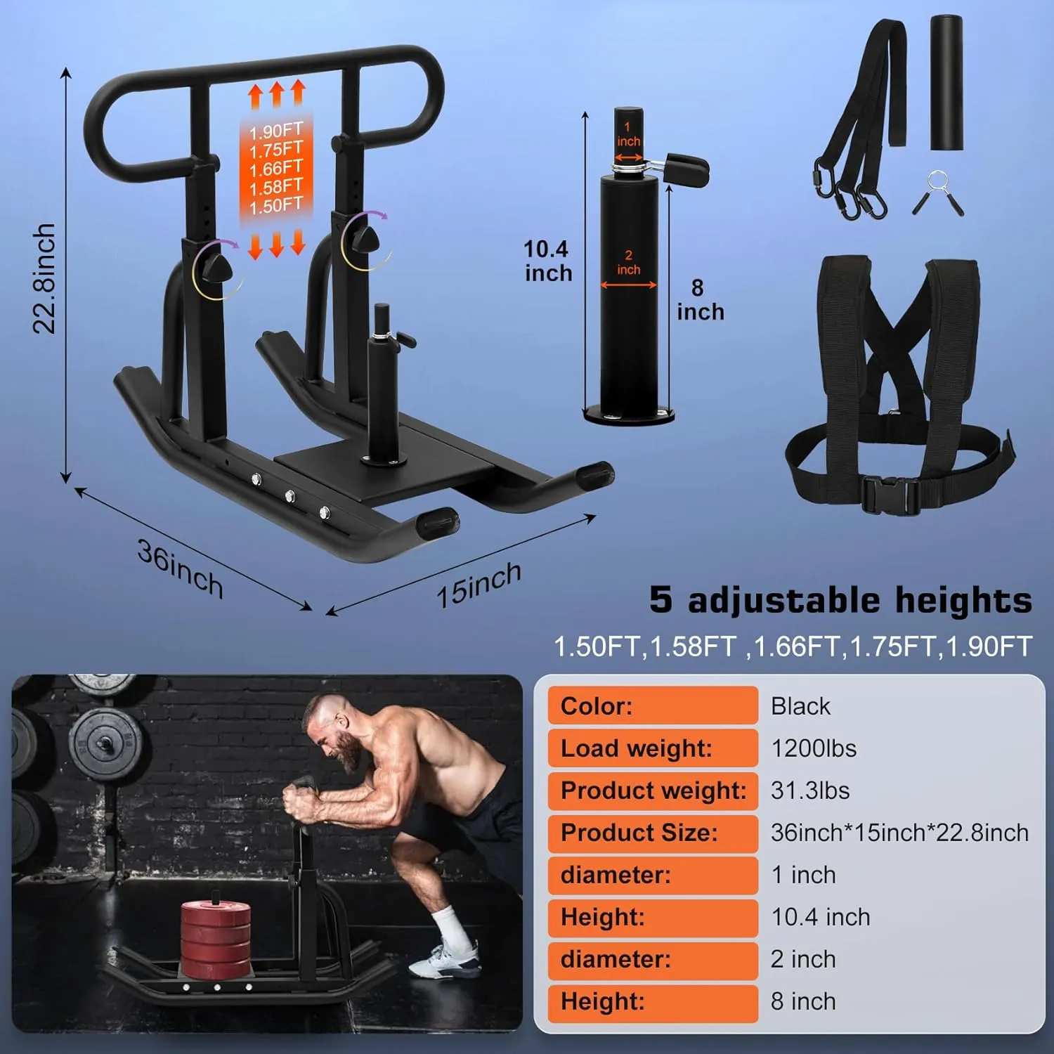Weight Sled, Fitness Sled, Fitness Strength Training Sled,Adjustable Height Weight Training Sled,Heavy Duty Workout Sled for Building Muscle and Explosive Strength for 1" and 2" Weight Plates