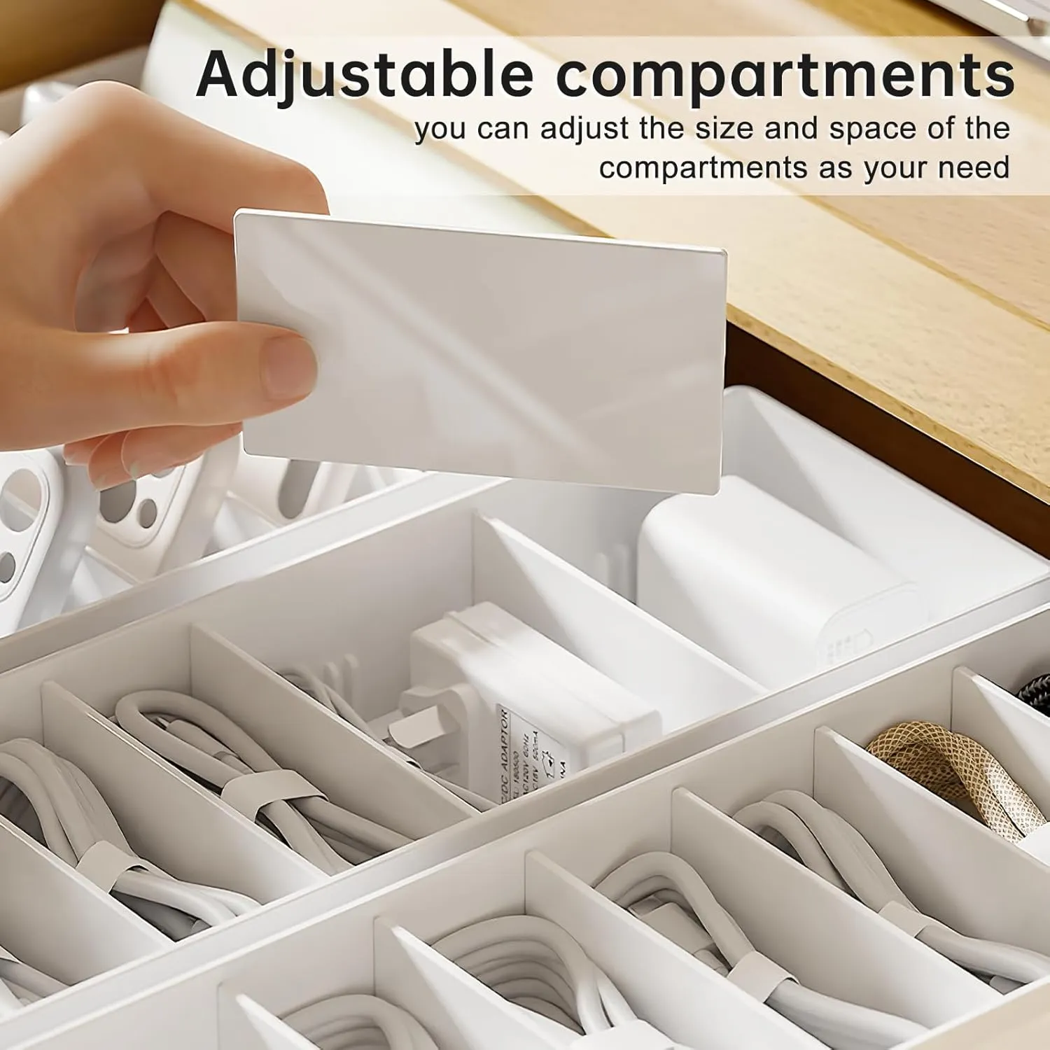 White Plastic Cable Organizer Box with Adjustment Compartments, Stackable Desk Accessories Storage Case with 7 Wire Ties for Drawer Supplies, Stationery, Battery and Charger Cord Storage