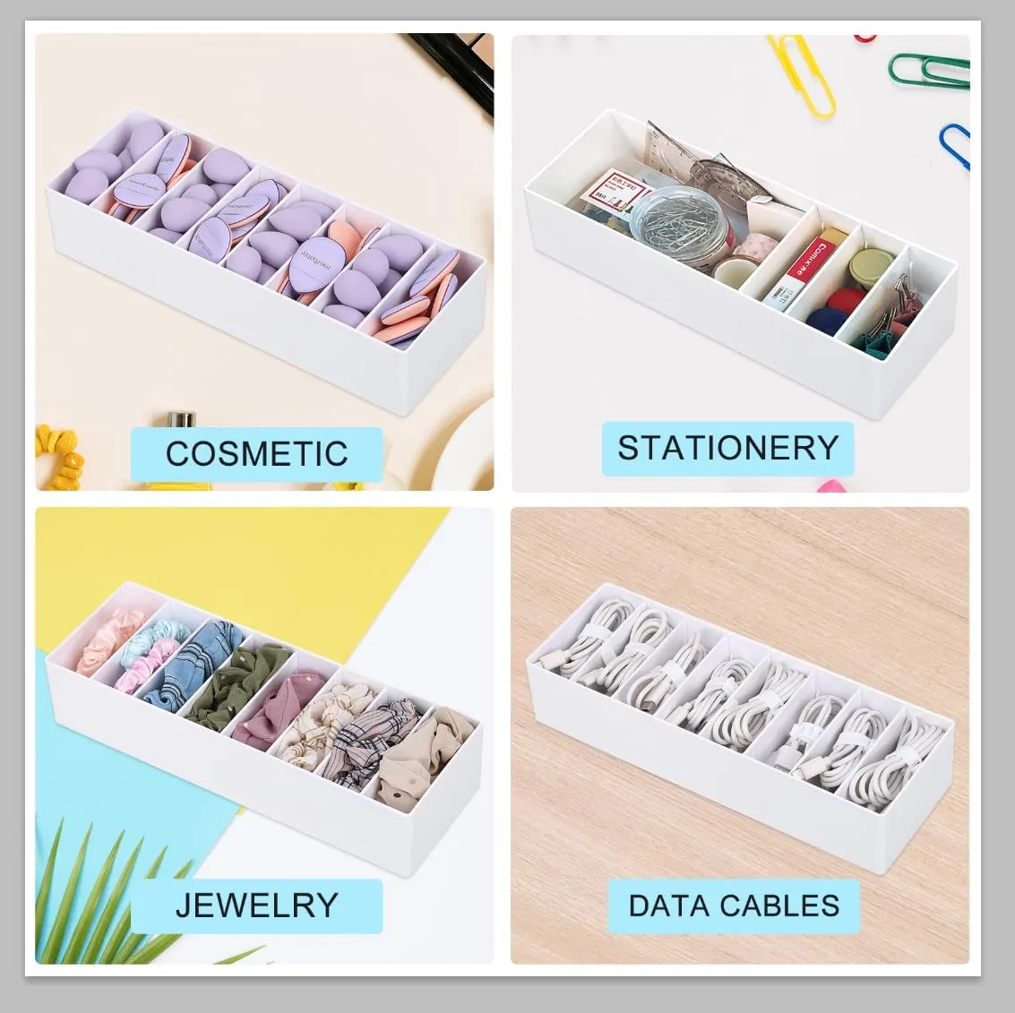 White Plastic Cable Organizer Box with Adjustment Compartments, Stackable Desk Accessories Storage Case with 7 Wire Ties for Drawer Supplies, Stationery, Battery and Charger Cord Storage