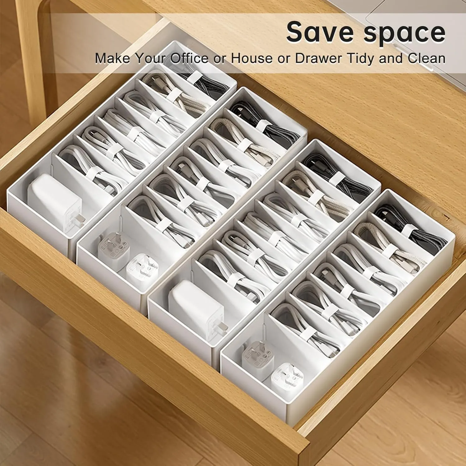 White Plastic Cable Organizer Box with Adjustment Compartments, Stackable Desk Accessories Storage Case with 7 Wire Ties for Drawer Supplies, Stationery, Battery and Charger Cord Storage