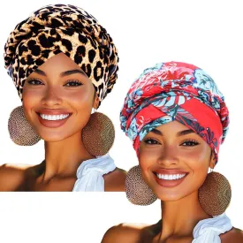Woeoe 2 Pieces African Turban Leopard Print Headwear Stretchy Braid Pretied Beanie Cap Head Wrap for Women