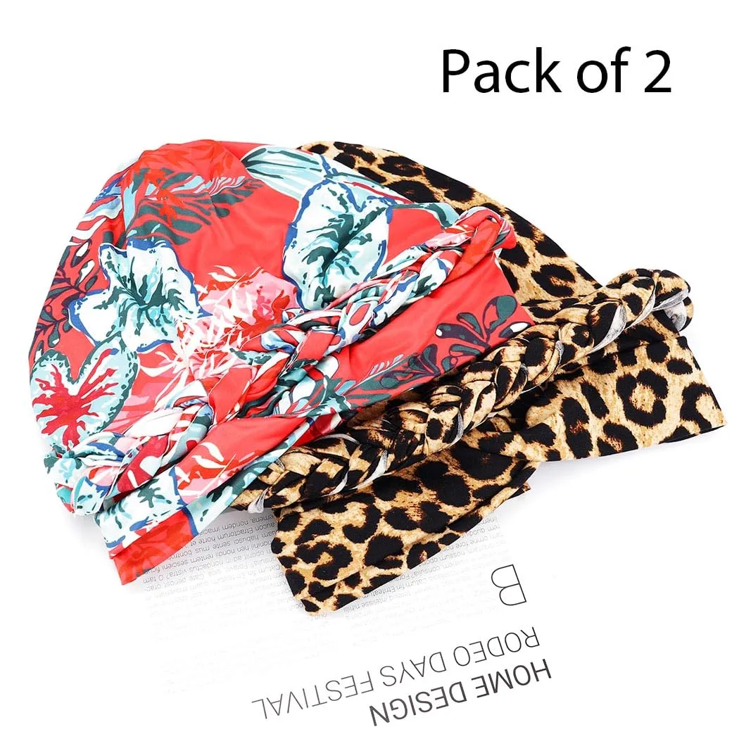 Woeoe 2 Pieces African Turban Leopard Print Headwear Stretchy Braid Pretied Beanie Cap Head Wrap for Women
