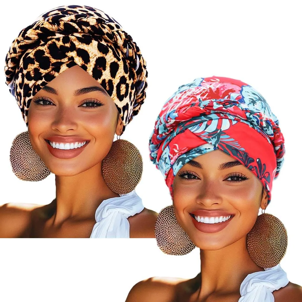 Woeoe 2 Pieces African Turban Leopard Print Headwear Stretchy Braid Pretied Beanie Cap Head Wrap for Women