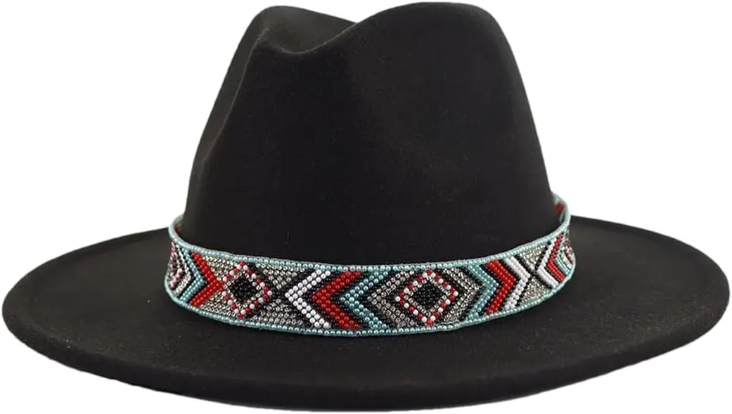 Women Fedoras Accessories Colorful Beads Wide Edge Jazz Hat Men Panama Hat Sombrero 19 M55-58cm